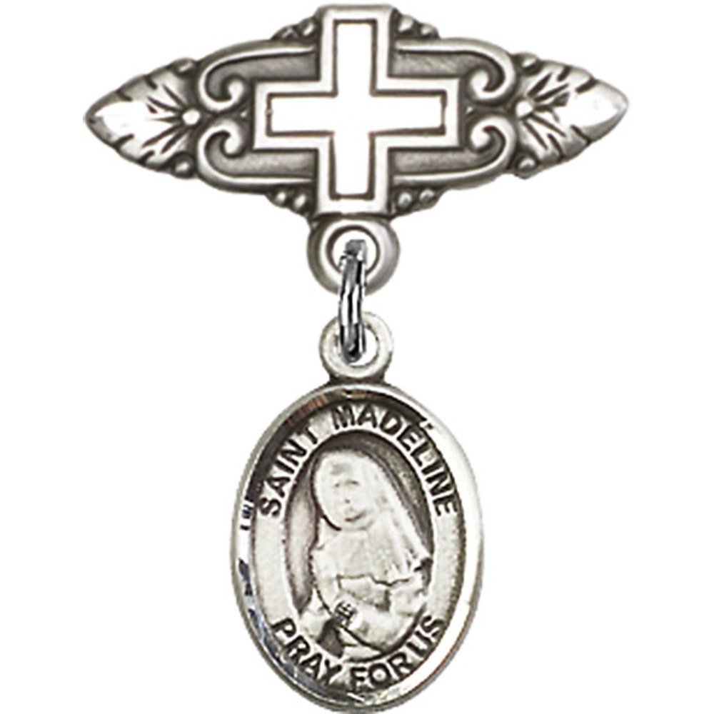 St. Madeline Sophie Barat Sterling Silver Baby Badge with Cross Charm & Pin (1