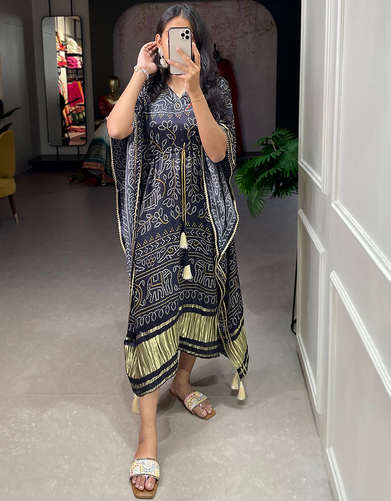 Elegant Black Pure Gaji Silk Kaftan Dress with Bandhej Digital Print & Gotta Patti Lace Border - Trendy Designer Party Wear with Tassel Details for Women | Perfect for Evening Parties, Weddings & Special Occasions
