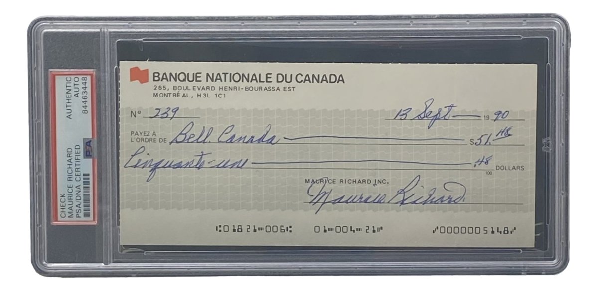 Authentic Maurice Richard Signed Montreal Canadiens Bank Check #239 PSA/DNA Certified - Rare Hockey Memorabilia for Collectors & Sports Fans - Perfect for Display in Man Caves, Sports Bars & Memorabilia Collections