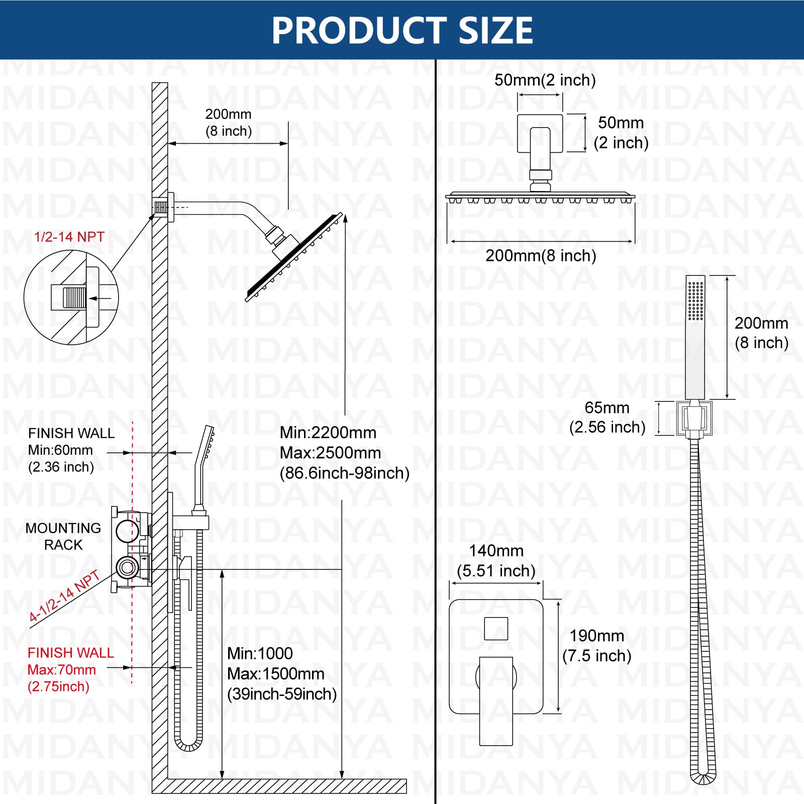 Midanya 8 Inch Square Rainfall Shower System - Brushed Nickel Wall Mount Shower Faucet Set with Hand Sprayer, Rough-in Valve & Trim Kit - Luxury Bathroom Mixer Combo for Spa-Like Experience