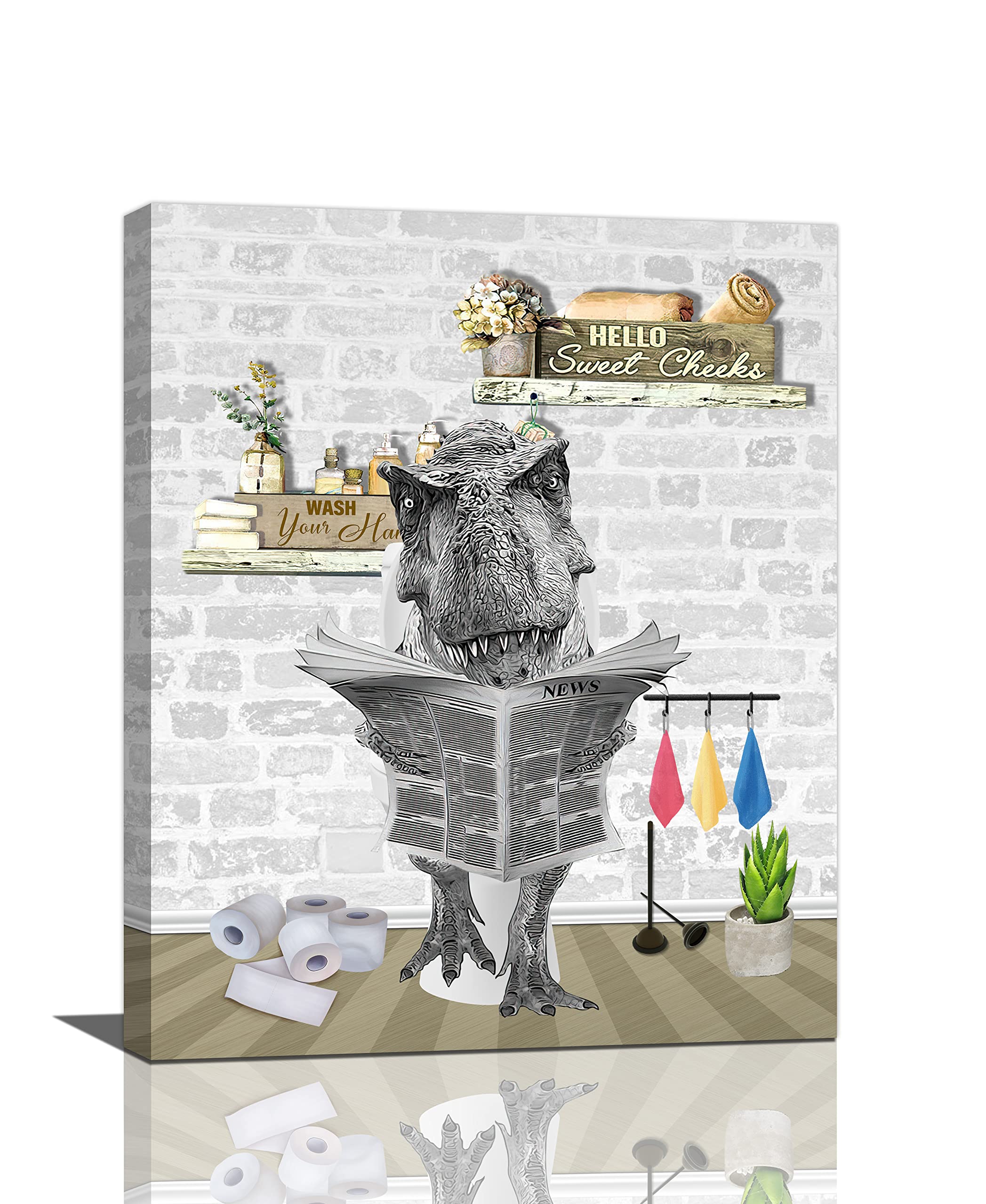Funny Dinosaur on Toilet Canvas Wall Art - 16x20 Inch Framed Bathroom Decor Painting, Ready to Hang - Perfect for Bathroom, Kids Room & Dino Lover Gifts