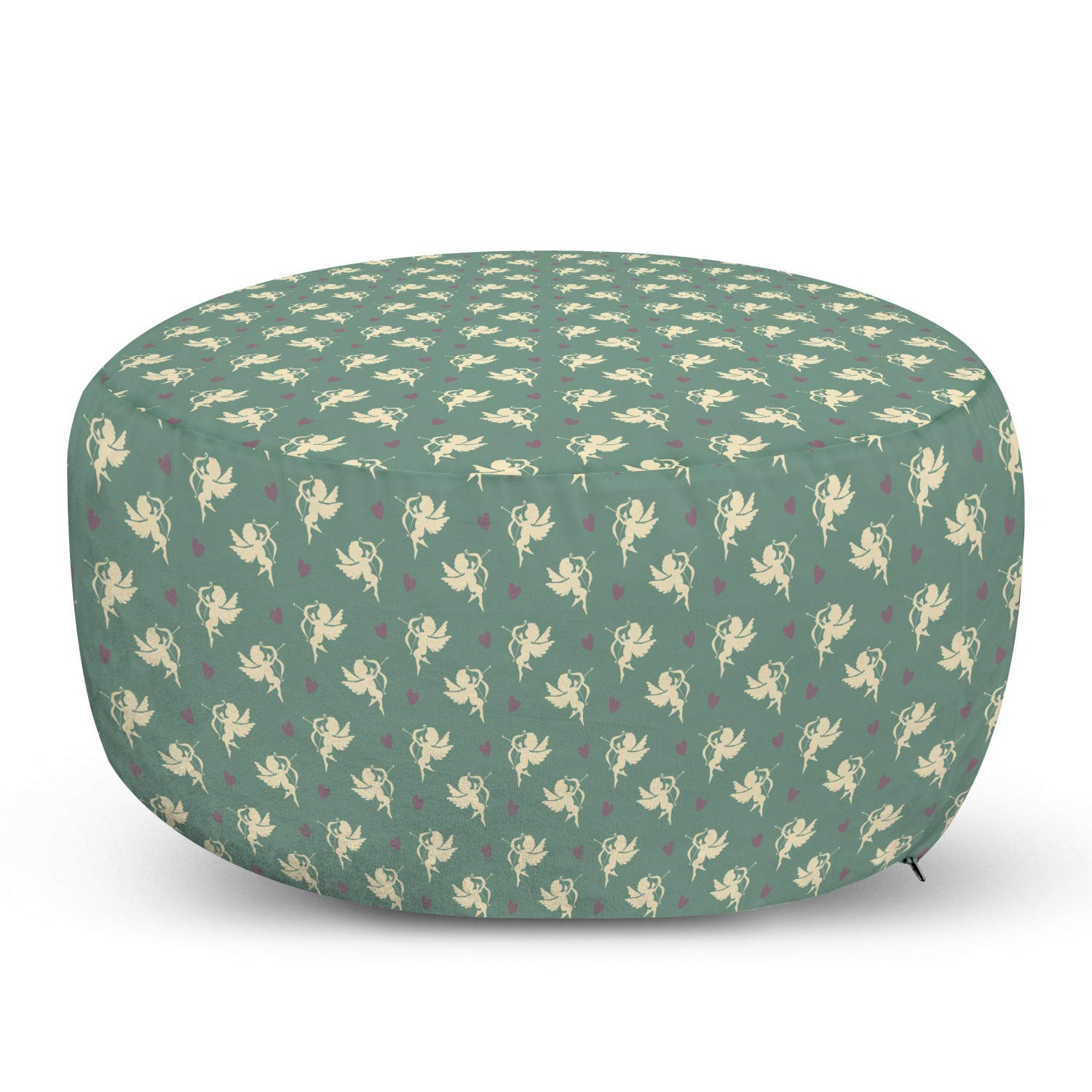 Ambesonne Green Ottoman Pouf - Greek Inspired Cupid Silhouette & Hearts Print, Soft Foot Rest with Removable Cover for Living Room & Bedroom - Jade Green, Purple & Cream - Perfect for Home Decor, Lounge Seating & Extra Storage