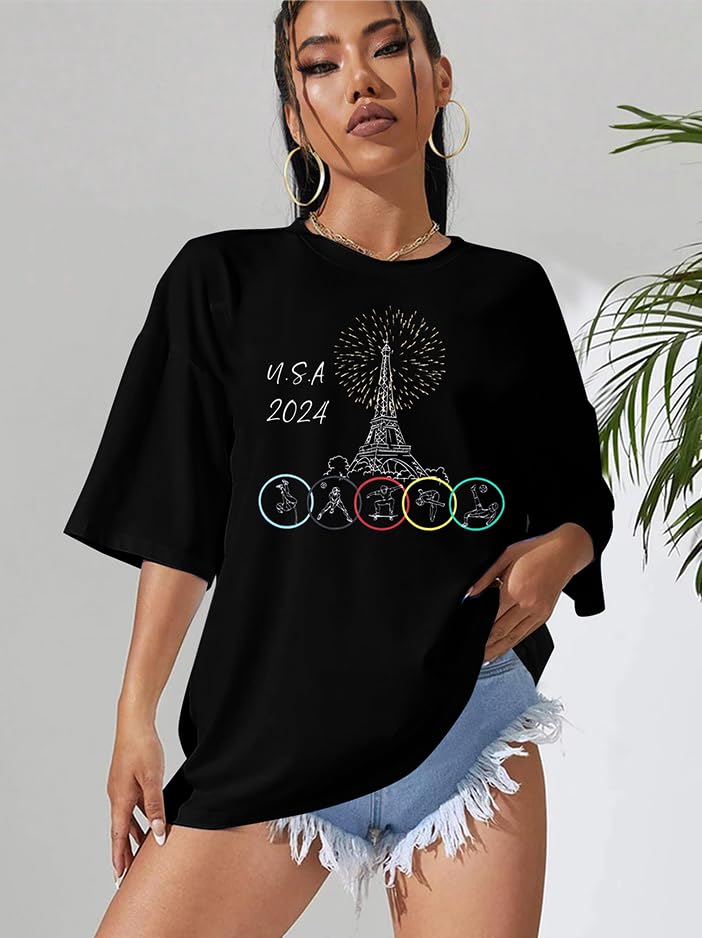 KIMSOONG 2024 Olympics Graphic T-Shirt for Women - Oversized USA Olympics Shirt with Jo 2024 Design | Perfect for Game Day, Fan Events & Casual Wear