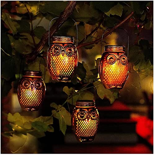 Solar Powered LED Owl Lantern Set - Outdoor Christmas Lights with Retro Flame Effect, Hanging Mason Jar & Garden Decor for Patio, Porch, Pathway, Yard - Perfect for Bedroom, Trees & Holiday Decorations (Great for Halloween, Thanksgiving & Christmas Lighting Displays)