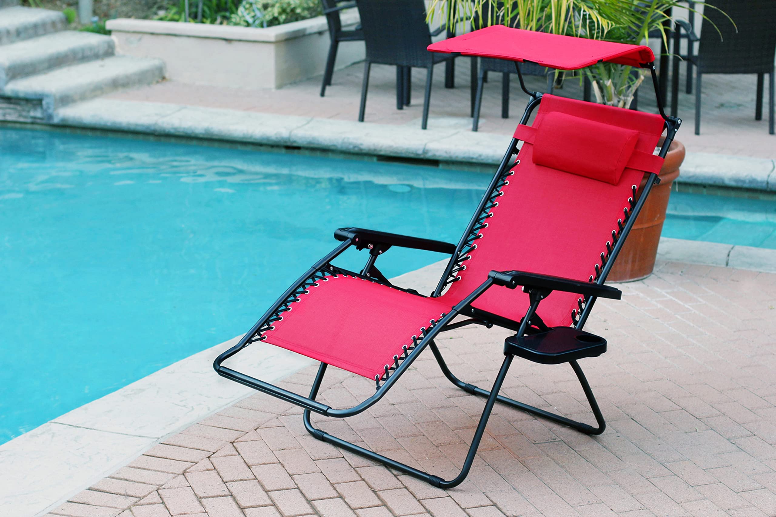 Jeco Oversized Zero Gravity Chair with Sunshade & Drink Tray - Heavy Duty Reclining Lounge Chair for Patio, Poolside, Beach & Backyard Relaxation - Red Outdoor Recliner