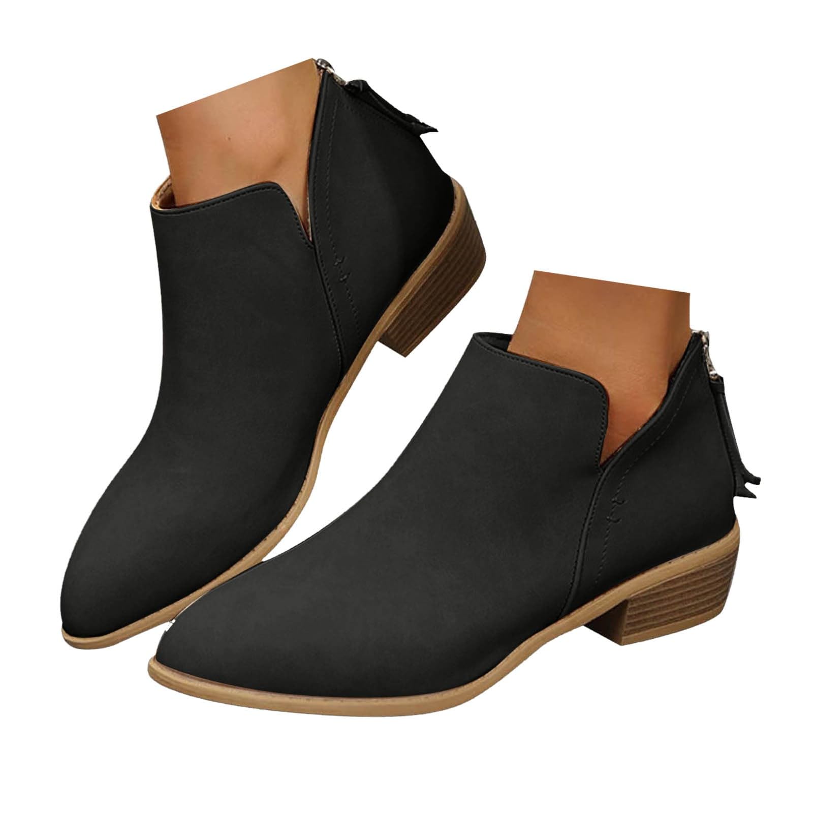 Women's Ankle Boots with Arch Support - Low Heel Lace Up & Zipper Booties for Casual Walking | Slip On Black Short Boots with Ankle Support | Perfect for Outdoor Activities, Work & Everyday Wear