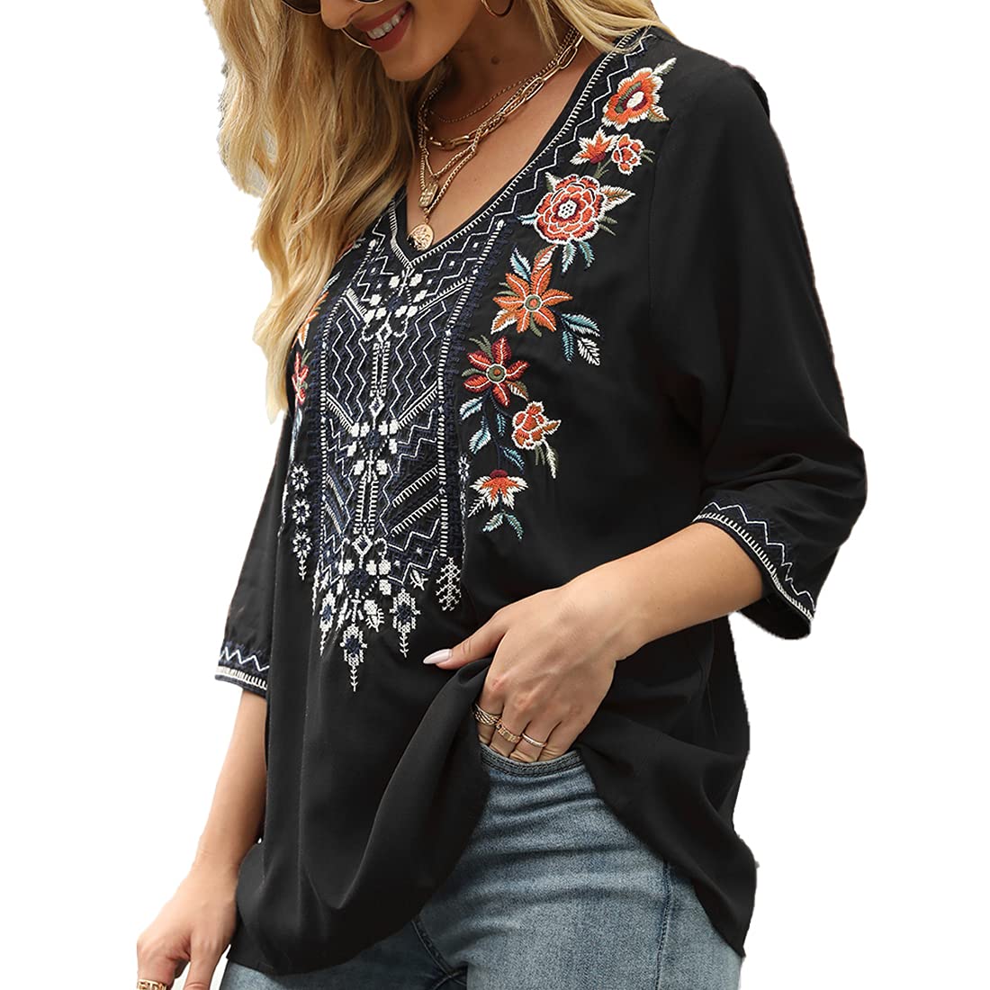 AK Women's Embroidered 3/4 Sleeve V-Neck Peasant Blouse - Traditional Mexican Tunic Top for Casual Wear & Festive Occasions