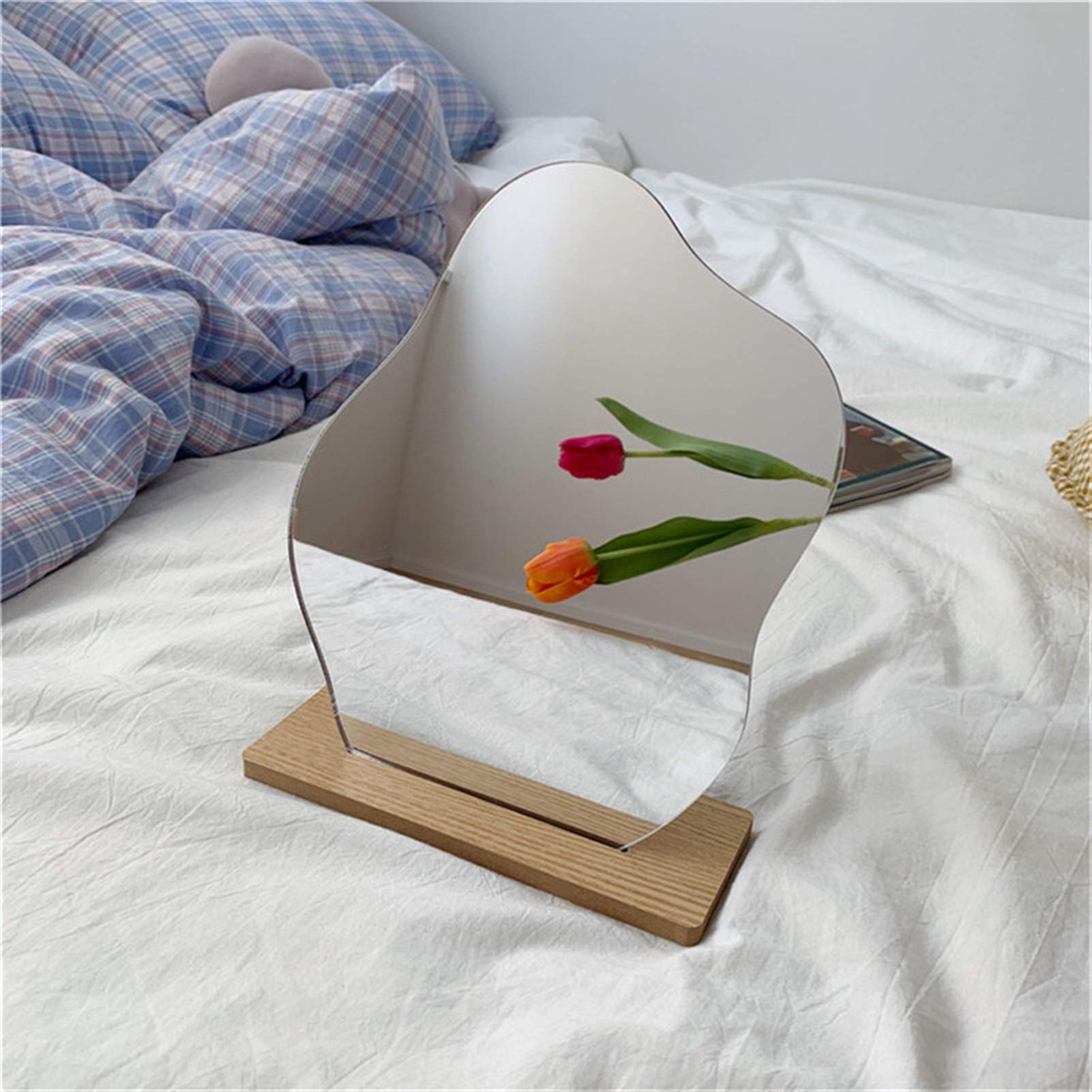 SJHY Acrylic Vanity Mirror with Wooden Base - Backlit Makeup Mirror with Decorative Irregular Lens for Dressing Table, Bathroom & Bedroom Decor
