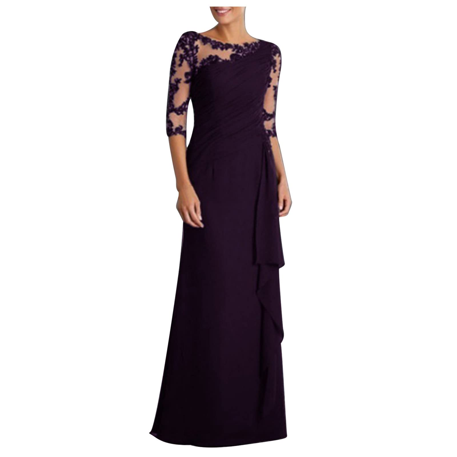 Elegant Sheer Mesh Lace Maxi Dress for Women - Formal Evening Gown with Half Sleeves, Classy Long Skirt for Wedding Guest, Party & Special Occasions