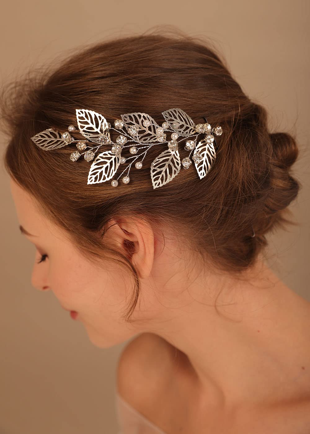 Denifery Rose Gold Leaves Hair Vine with Pearls - Elegant Bridal Hair Accessories for Weddings, Prom & Special Events (Silver)
