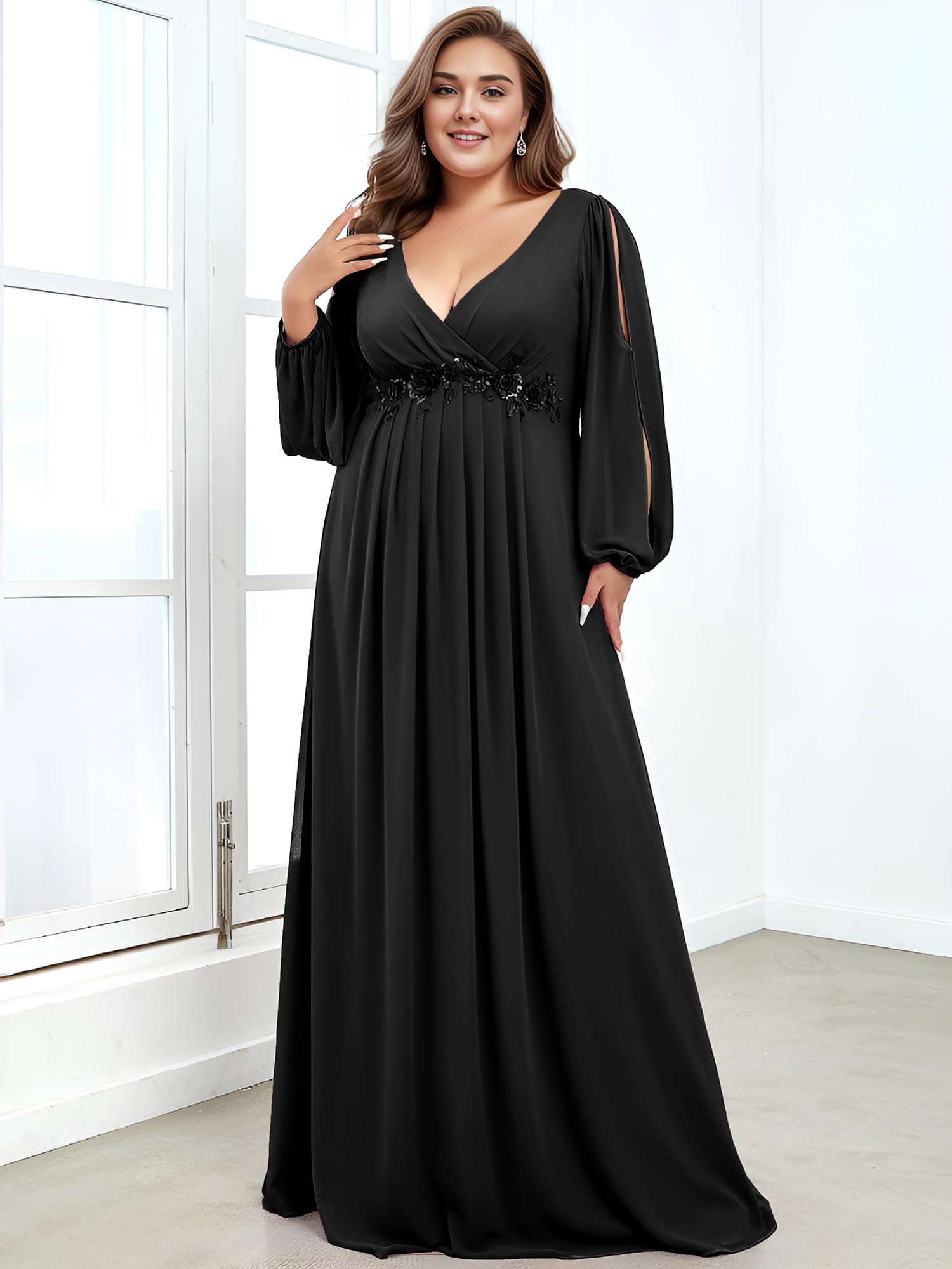 Ever-Pretty Plus Size Women's Formal Dress - V Neck Floor Length Gown with Lantern Sleeves & Floral Applique for Curvy Women | Wedding Guest, Prom, Evening Party, Special Occasion
