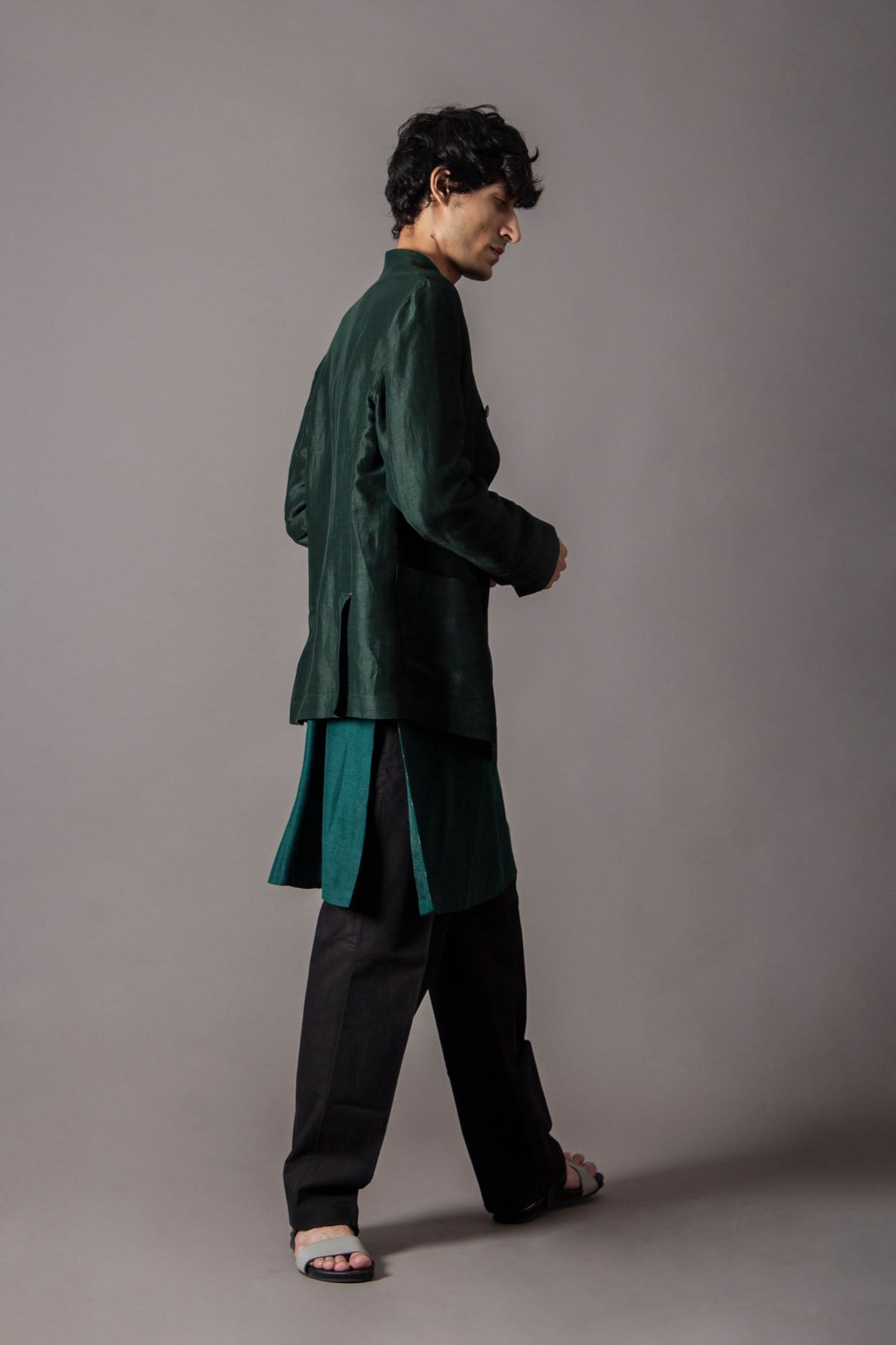 Elegant Bandhgala Jacket in Satin Linen - Deep Forest Green for Men | Perfect for Weddings, Parties & Formal Events