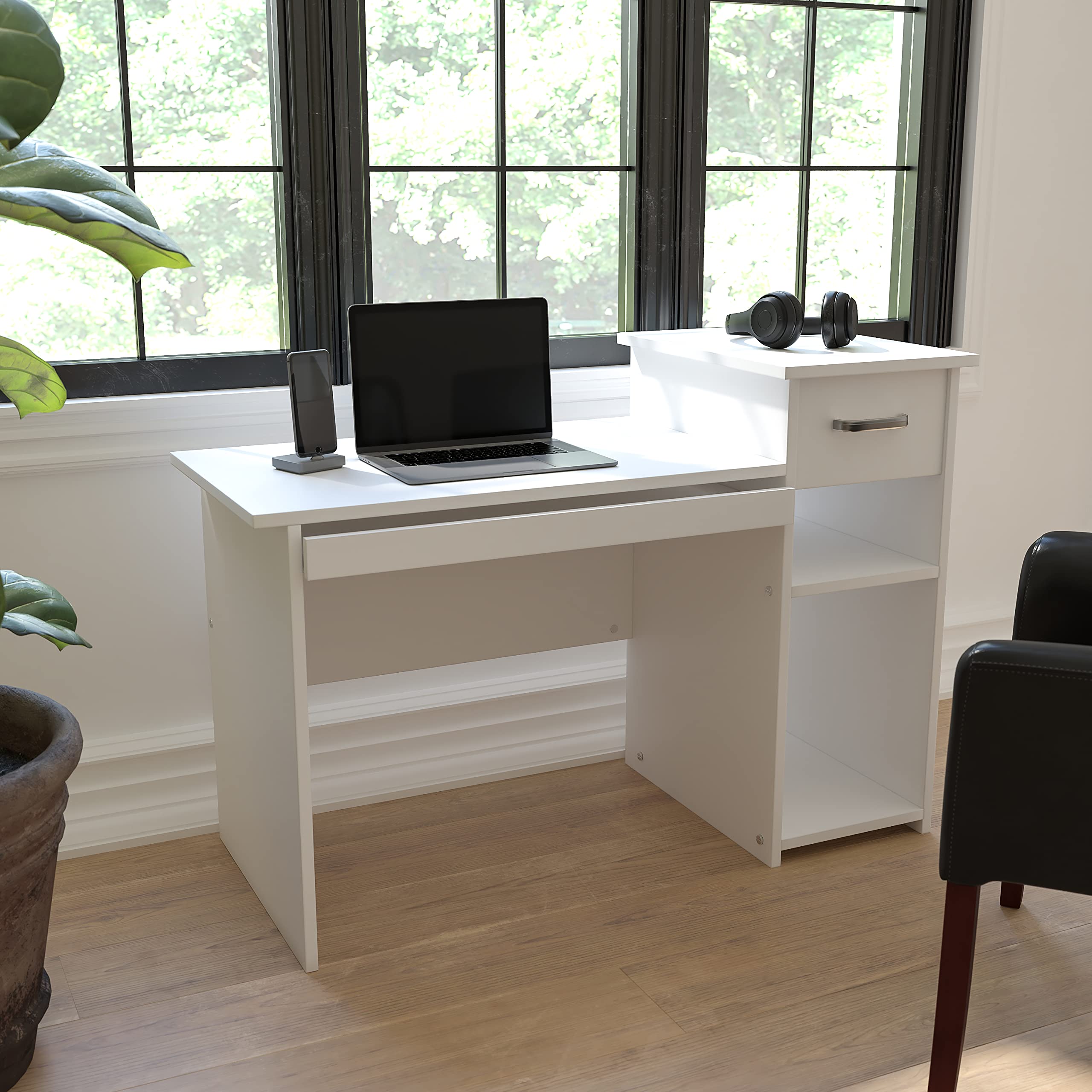 Modern White Computer Desk with Shelves & Drawer - Home Office Desk for Work & Study | Compact Writing Desk for Small Spaces, Gaming Setup & Remote Work