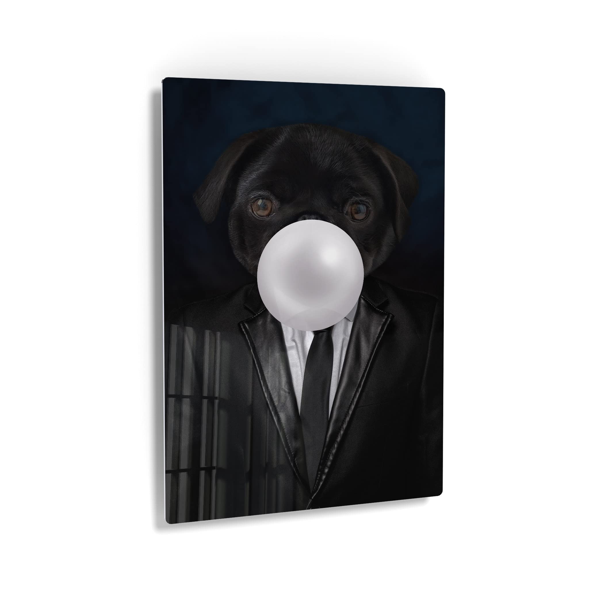 Pug Dog in Suit Chewing Bubble Gum Metal Wall Art Print - Pet Lover Gift, Animal Pop Art Decor for Office, Living Room, Bedroom & Nursery (24x16) - Perfect for Dog Themed Rooms & Unique Home Decor