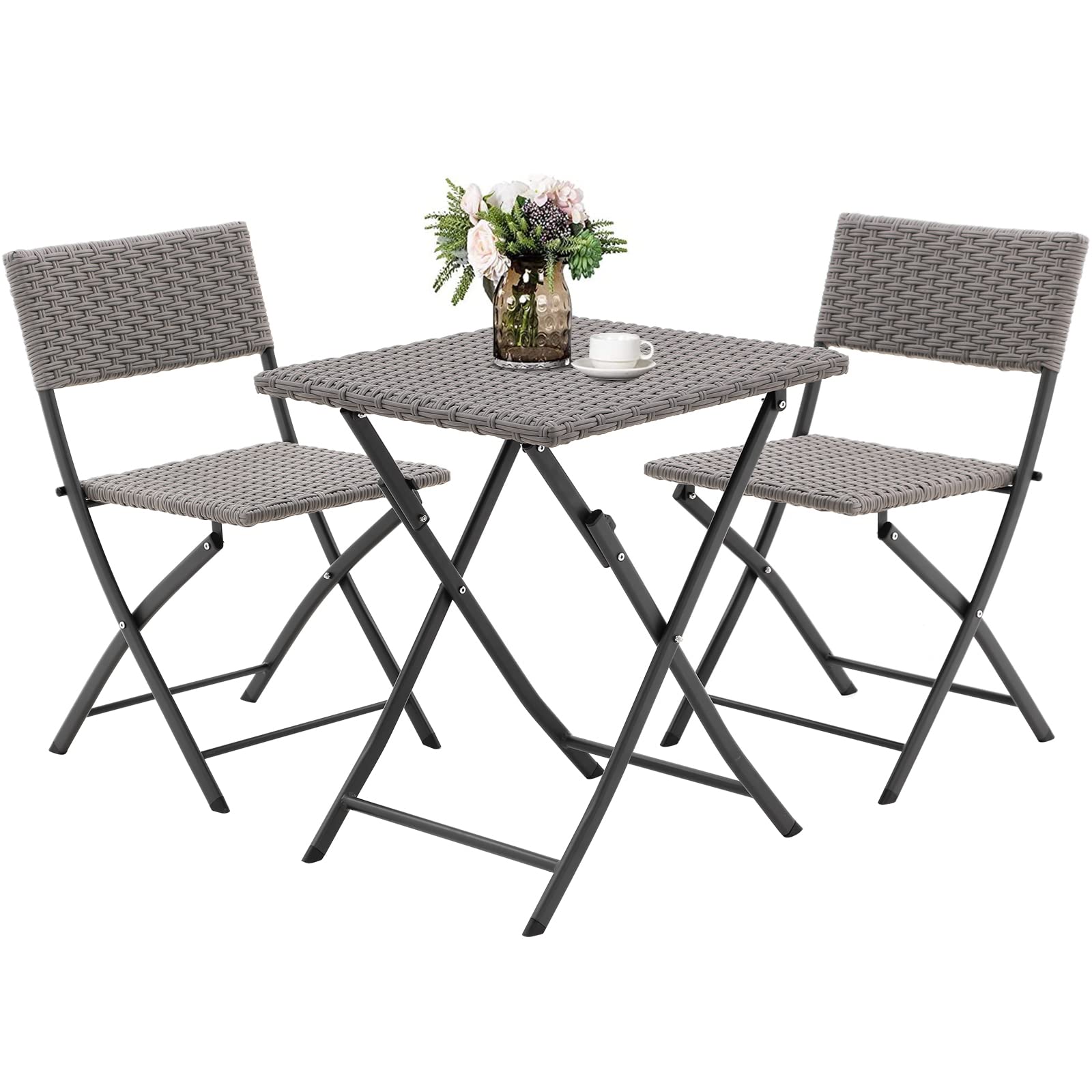 3-Piece Rattan Patio Bistro Set with Foldable Table & Chairs - All-Weather Outdoor Furniture for Garden, Backyard, Pool, Lawn & Balcony - Dark Grey Brushed Rattan Style (Perfect for Small Spaces & Entertaining)