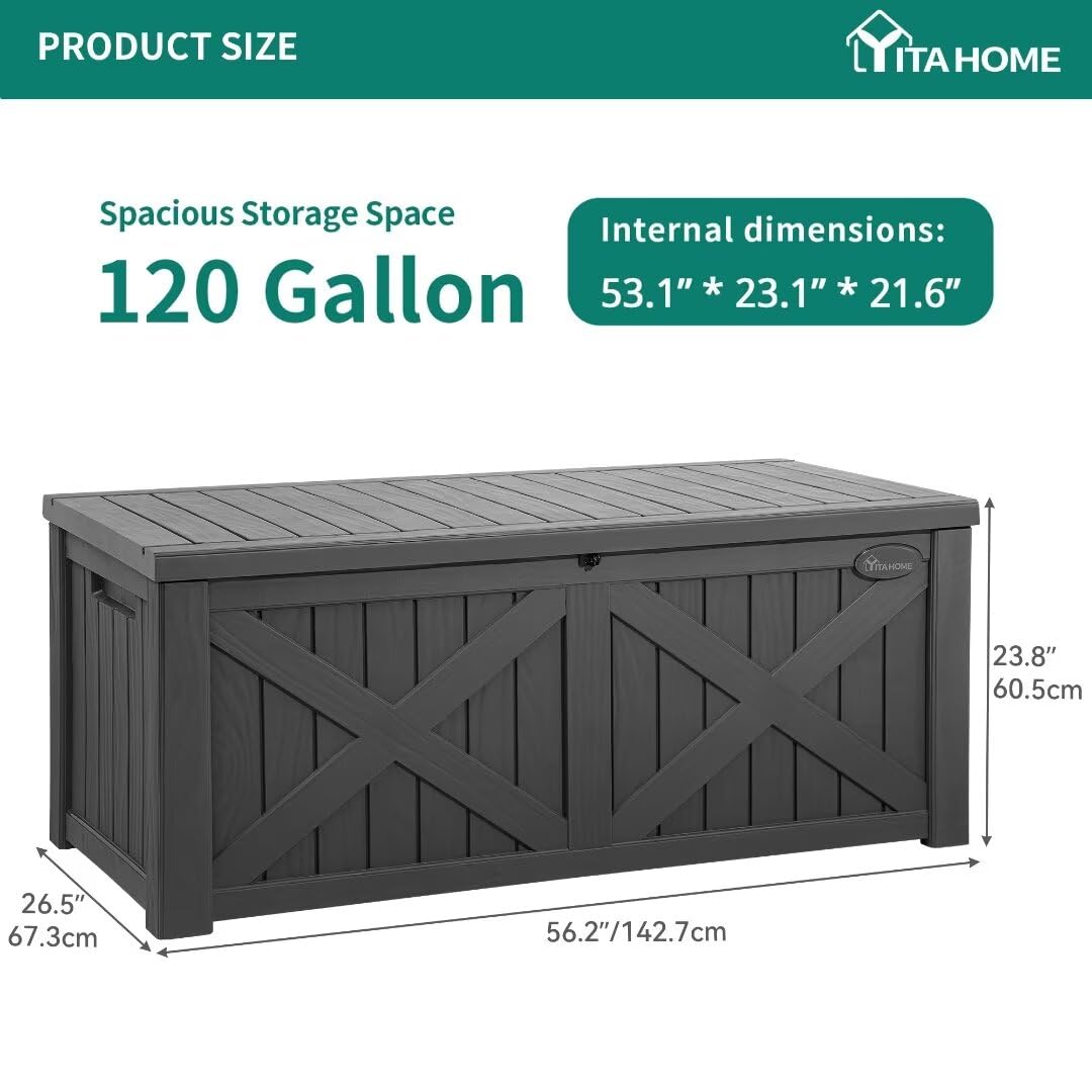 YITAHOME 120 Gallon Large Deck Box with X-Shaped Front, Waterproof Outdoor Storage Container for Patio Furniture, Pool Toys & Garden Tools - Lockable Resin Storage Bench (Dark Gray) - Perfect for Backyard, Poolside & Outdoor Organization