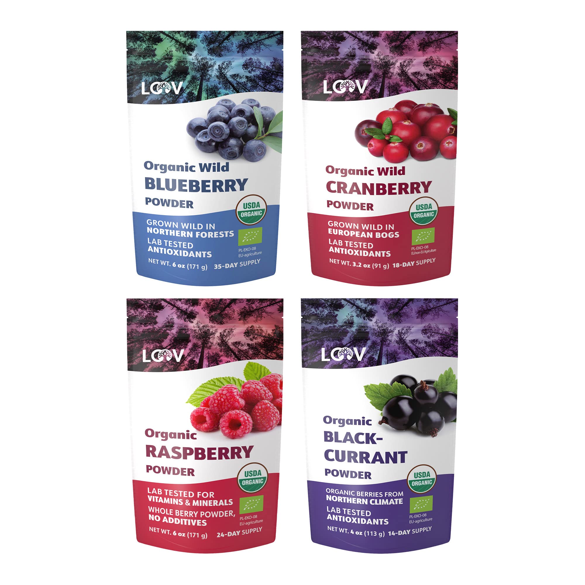 Organic Superfood Powder Bundle - LOOV Wild Blueberry, Raspberry, Blackcurrant & Cranberry Powder | Antioxidant-Rich for Smoothies, Baking & Healthy Recipes
