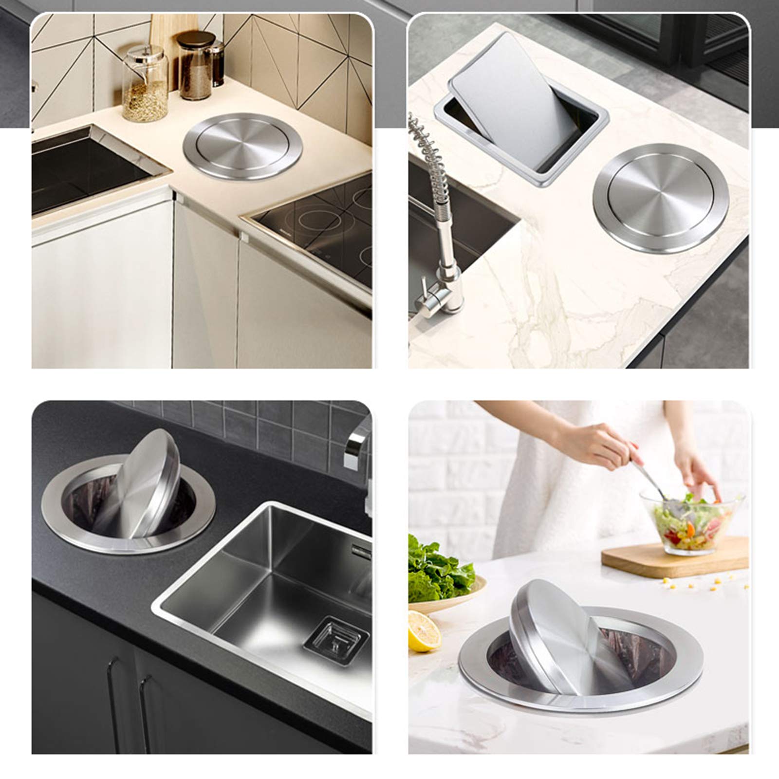 Stainless Steel Built-In Countertop Trash Bin with Balance Flap Cover - Recessed Waste Lid for Kitchen, Bathroom, Office & RV Use