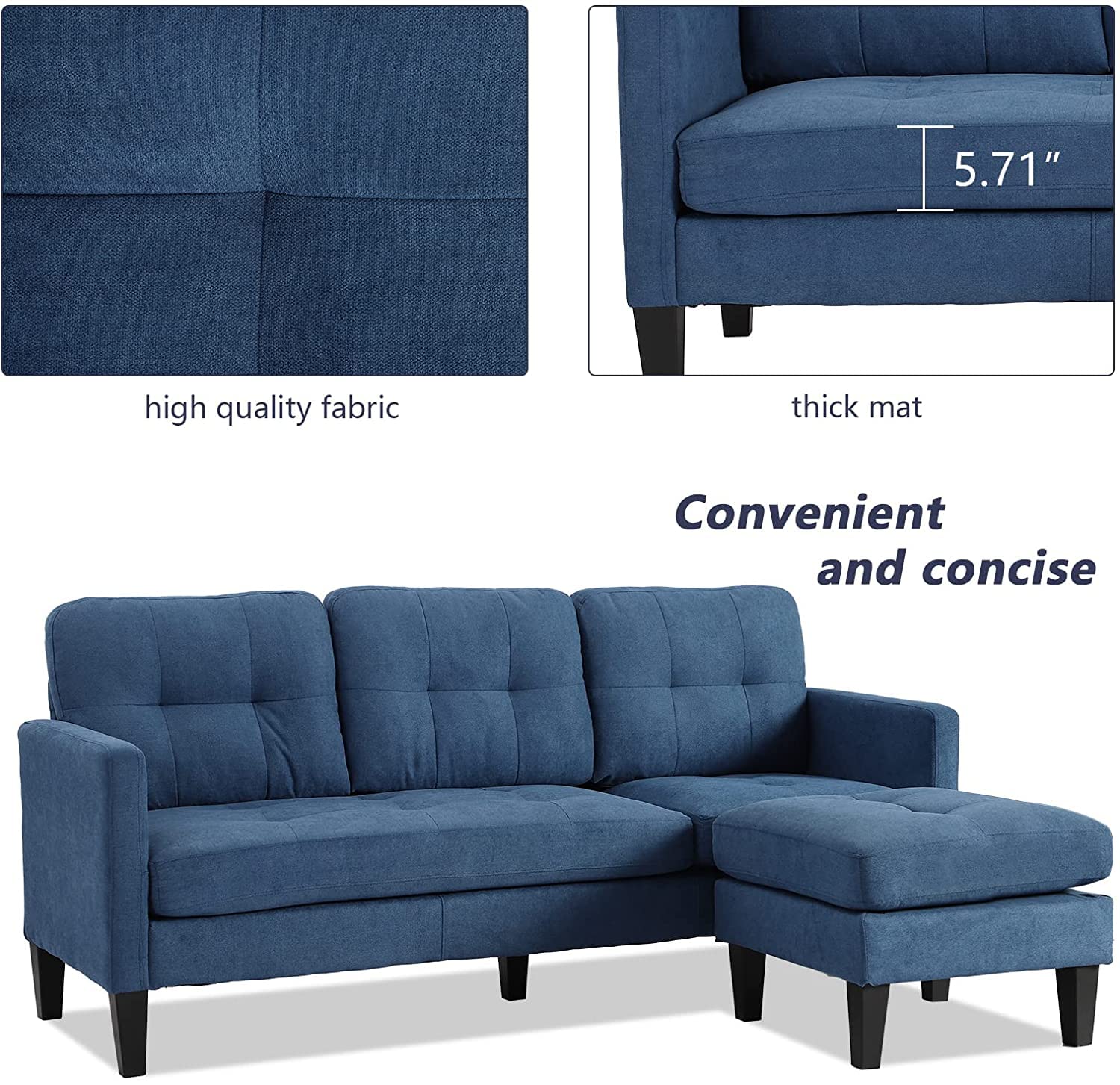Grepatio Convertible Sectional Sofa - L-Shaped Modern Linen Fabric Couch for Small Spaces (Blue) | Perfect for Apartments, Living Rooms & Home Offices