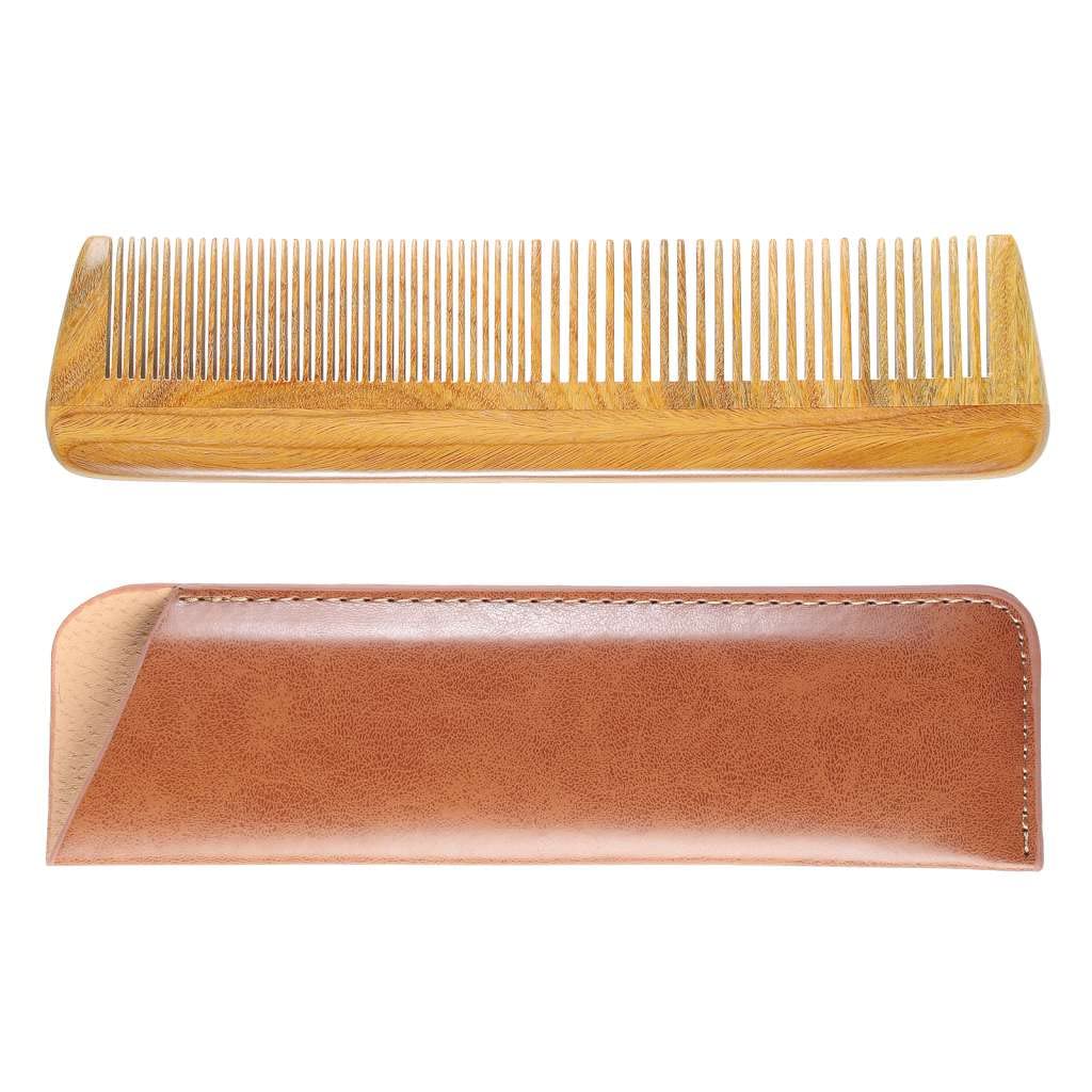 Onedor Handmade 100% Natural Green Sandalwood Wooden Comb for Men - Hair, Beard & Mustache Styling - Travel & Pocket Comb with Leather Case (Long) - Perfect for Daily Grooming, Travel & Gift Giving