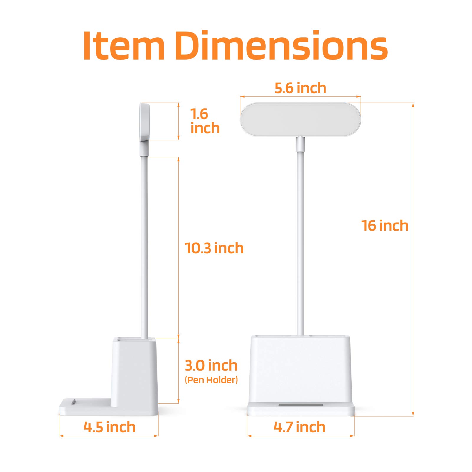 Rechargeable LED Desk Lamp with Gooseneck & Pen Holder - Small Study Light for Home Office, Bedroom, College Dorm - White Mini Task Lighting for Computer Keyboard, Reading & Writing