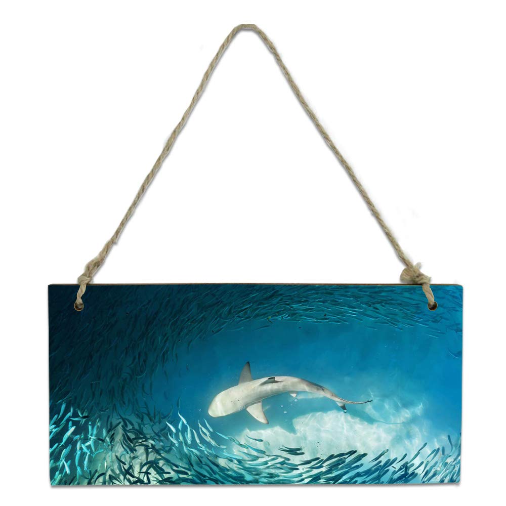 Shark & Fish Wooden Plaque Sign - 8x4 Inch Farmhouse Coastal Decor with Ropes for Porch, Wall & Door Hanging | Ocean Animal Themed Home Decoration for Beach House, Living Room & Outdoor Spaces