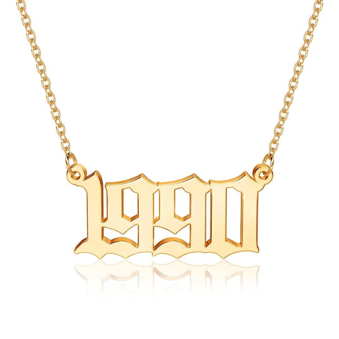18K Gold Plated Old English Birth Year Necklace for Women - Personalized Jewelry Gift for Birthday, Anniversary (1970-2021) | Perfect for Special Occasions & Everyday Wear