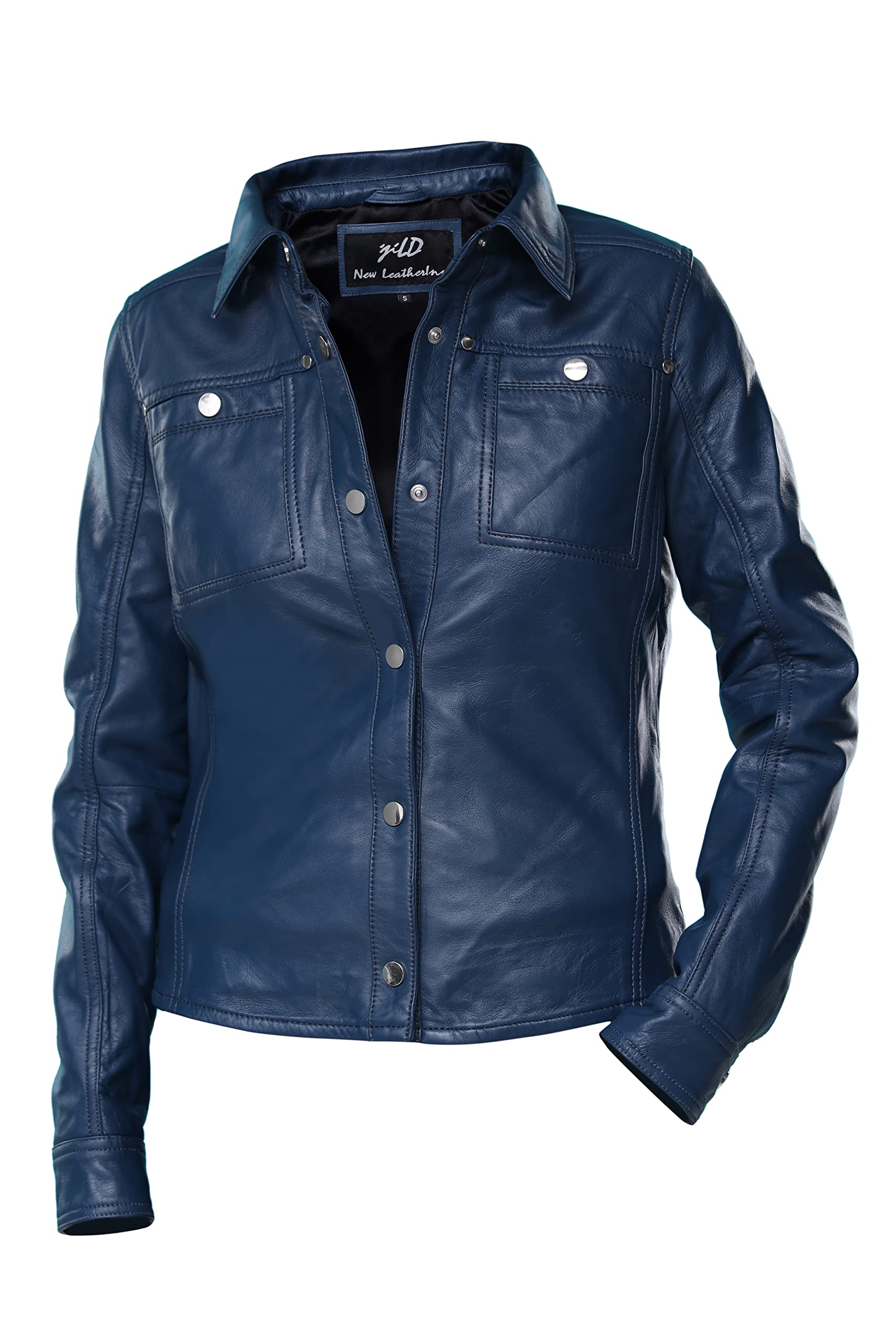 Jild Women's Button Front Lambskin Leather Jacket Shacket - Long Sleeve Casual Shirt Jacket with Bust Pocket | Perfect for Fall Layering, Date Nights & Office Wear