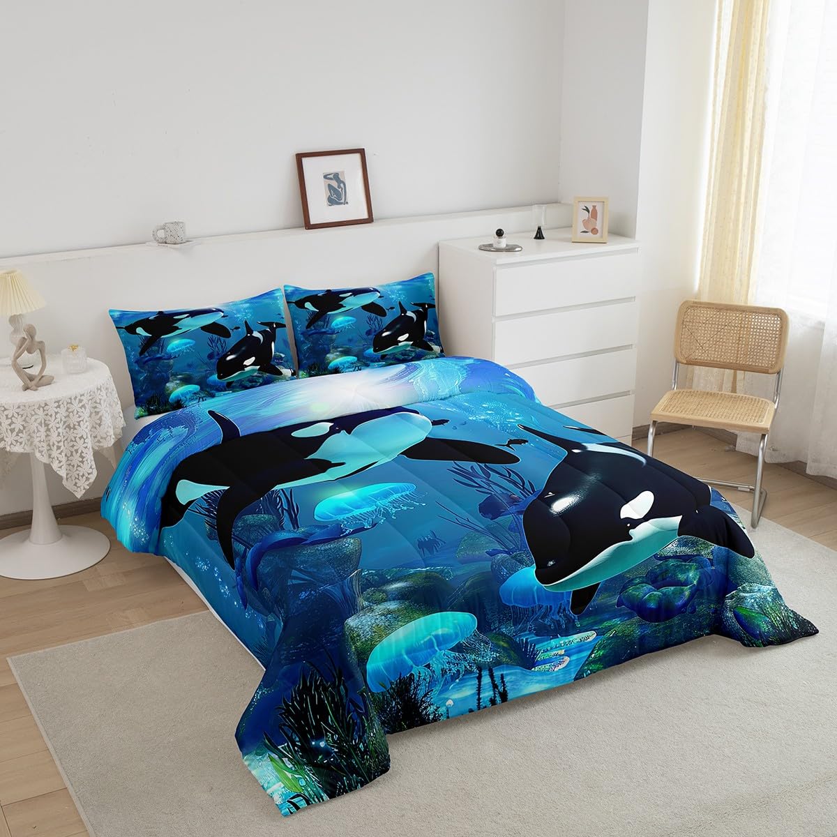 Teal Ocean Whale Comforter Set - Full Size Jellyfish & Killer Whale Bedding with 1 Comforter & 2 Pillowcases | Underwater World Theme | Orca & Marine Life Design | Perfect for Kids' Rooms, Beach Houses & Ocean-Themed Bedrooms