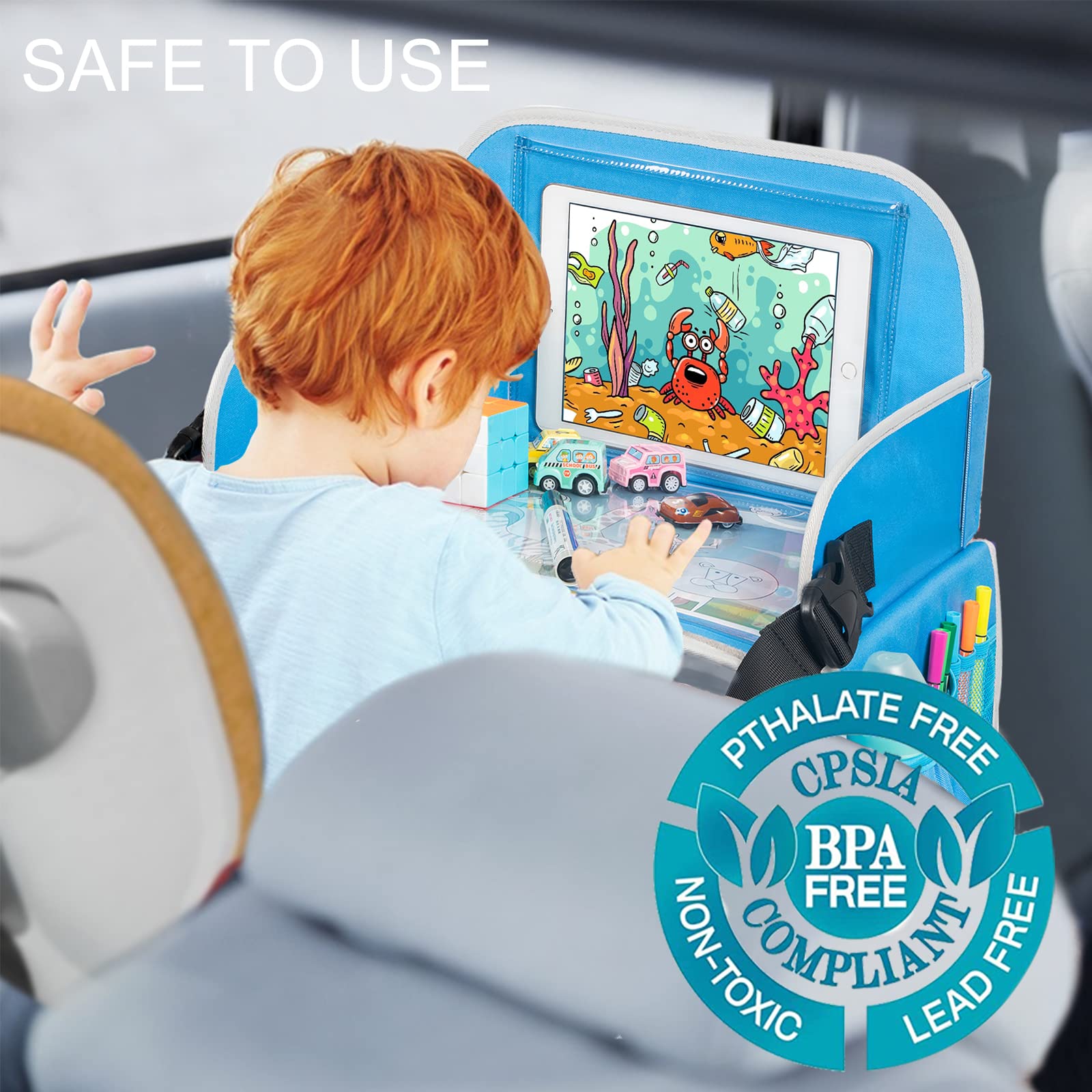 Kids Travel Tray with Dry Erase Board & Storage Pocket - 2 Pack (Blue & Pink) for Car Rides, Airplane Trips & Road Trips - Portable Activity Tray for Toddlers & Children