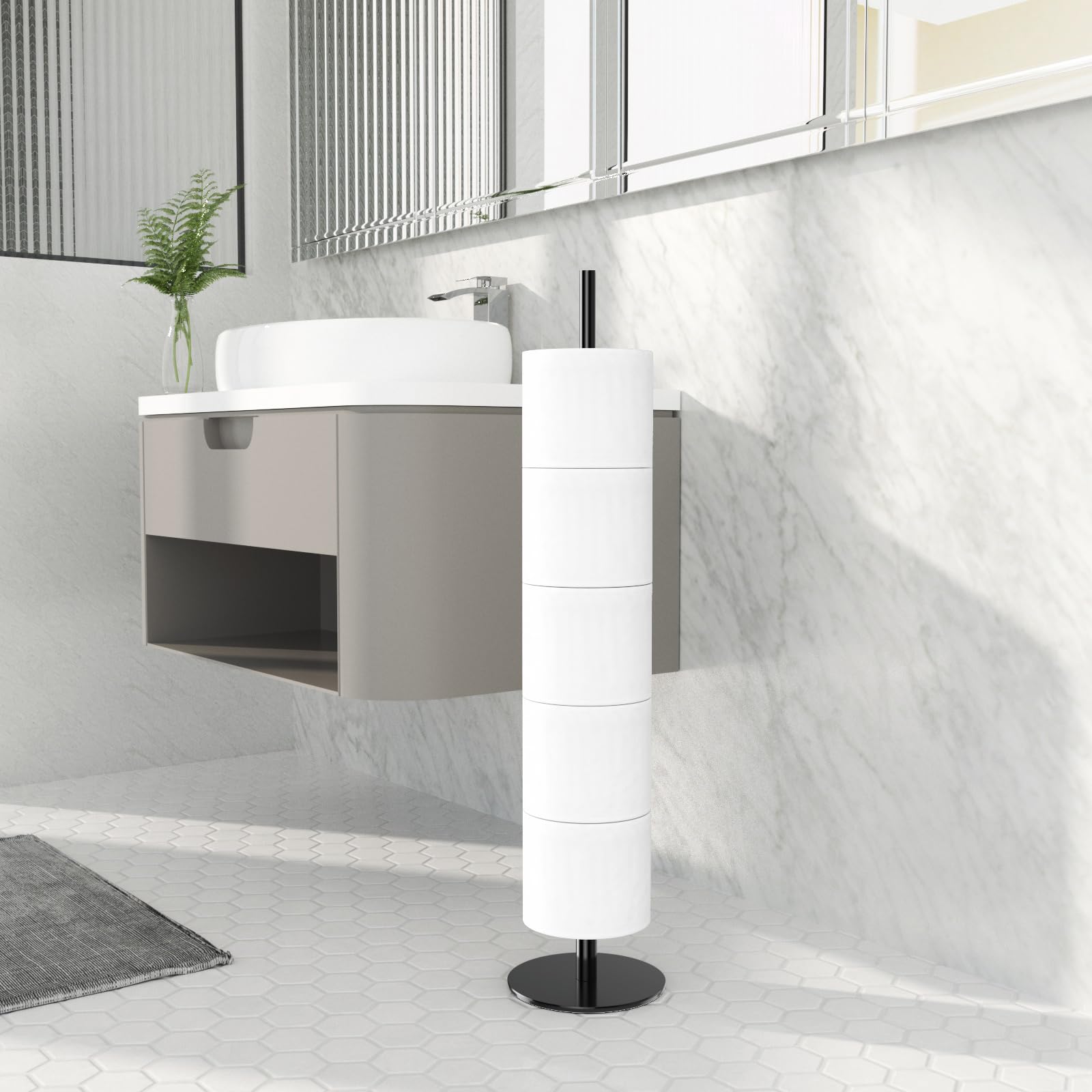 Matte Black Stainless Steel Free-Standing Toilet Paper Holder - Holds 5 Rolls | Bathroom Storage Organizer for Toilet Paper | Perfect for Home, Office & Guest Bathroom Decor