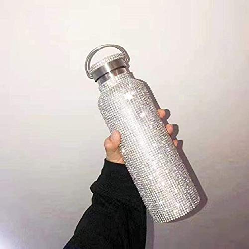 Sparkling Rhinestone Insulated Water Bottle - Bling Diamond Stainless Steel Double Wall Vacuum Thermos with Chain - 750ML Leakproof Travel Tumbler for Women, Gym, Office & Outdoor Activities