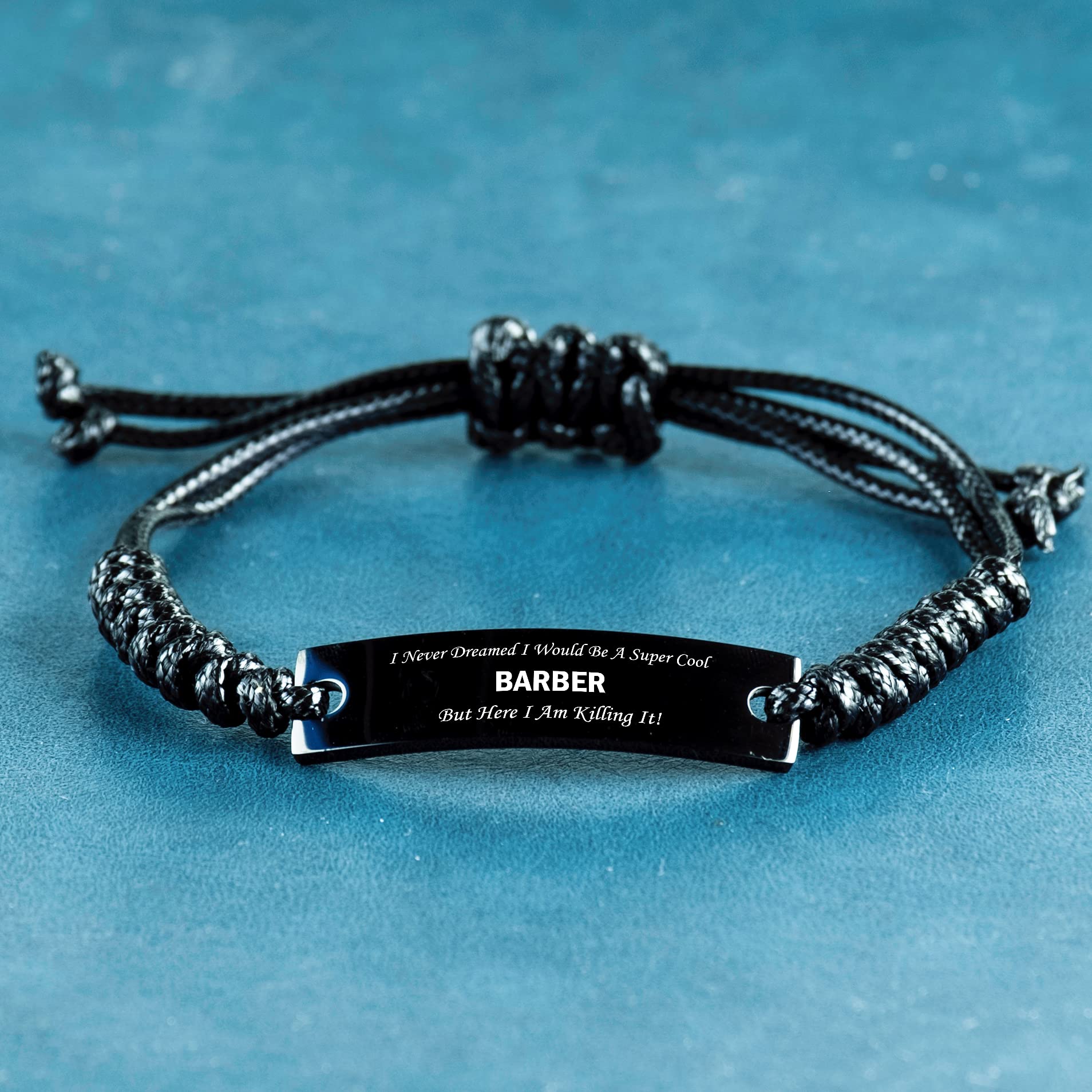 Funny Barber Bracelet - Inspirational 'Job I Never Dreamed' Birthday Gift for Men & Women - Adjustable Black Rope Wristband for Barbers, Hairstylists & Salon Professionals - Perfect Work Accessory & Conversation Starter