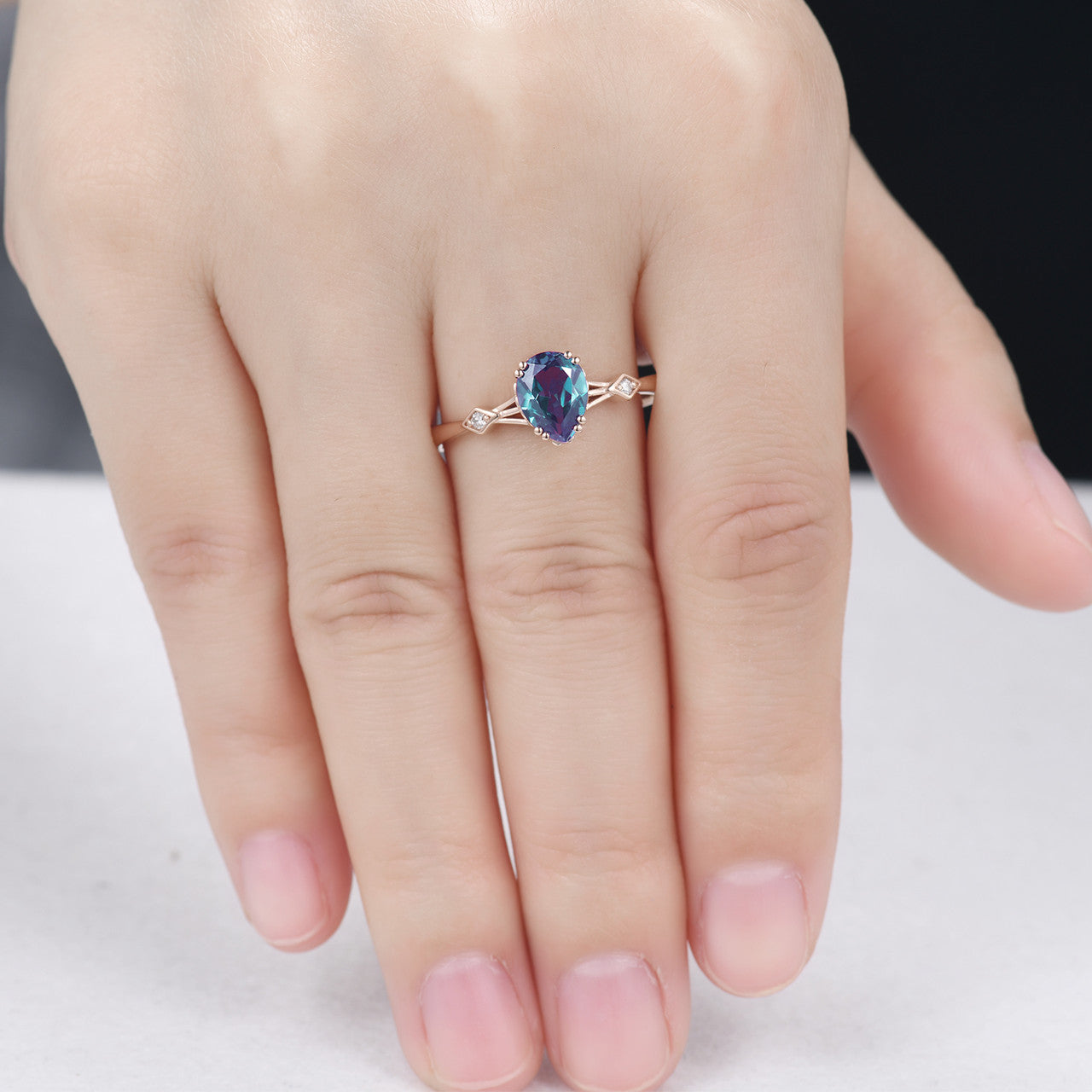 14K Rose Gold Three Stone Pear Shaped Alexandrite Engagement Ring - Minimalist Square Accent Wedding Band for Women | Perfect for Proposals, Anniversaries & Special Occasions