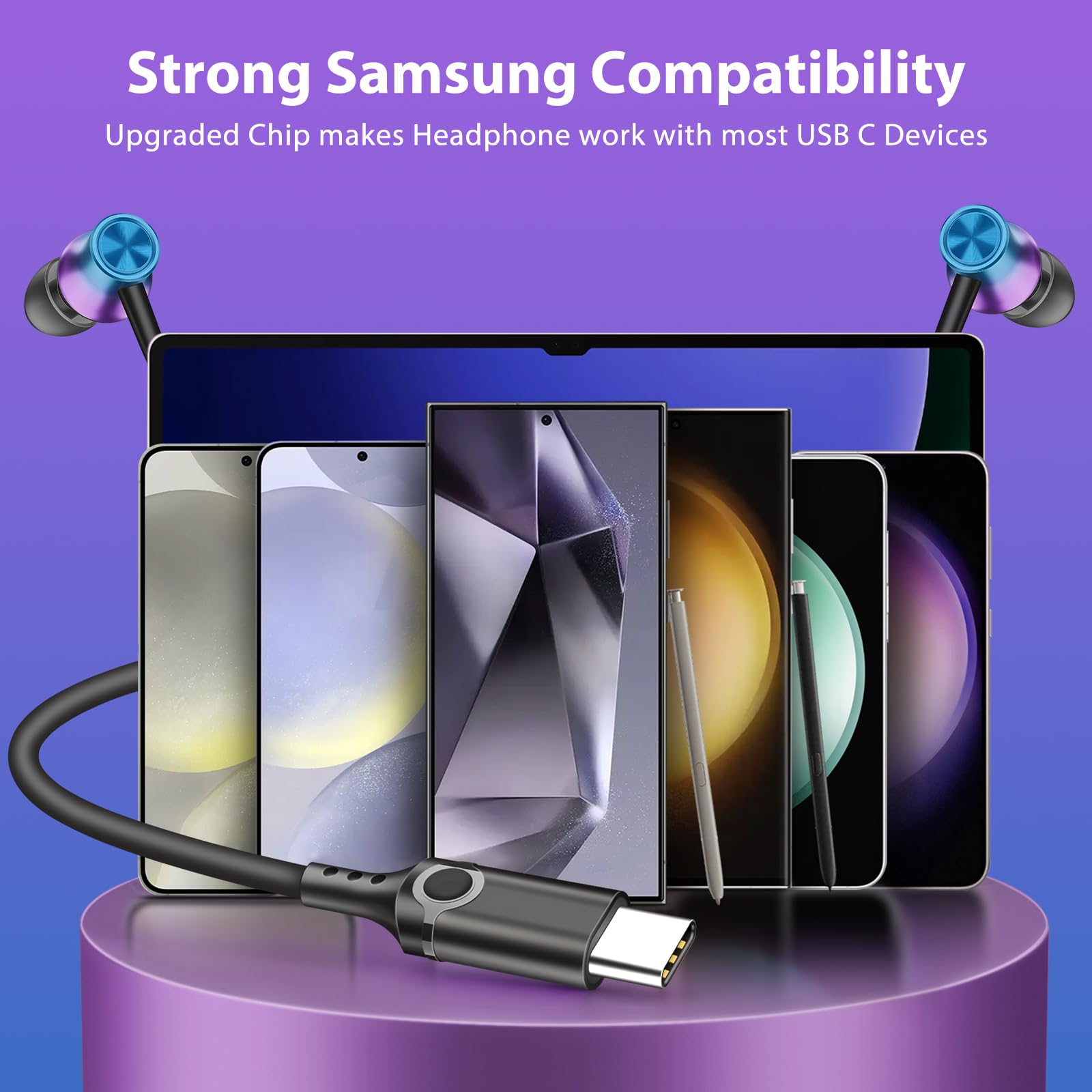 USB C Earbuds for Samsung S24/S25 Ultra, iPhone 16 & iPad Pro M4 - Wired Magnetic Stereo Earphones with In-Line Remote Control, Gradient Purple | Perfect for Commuting, Workouts & Gaming