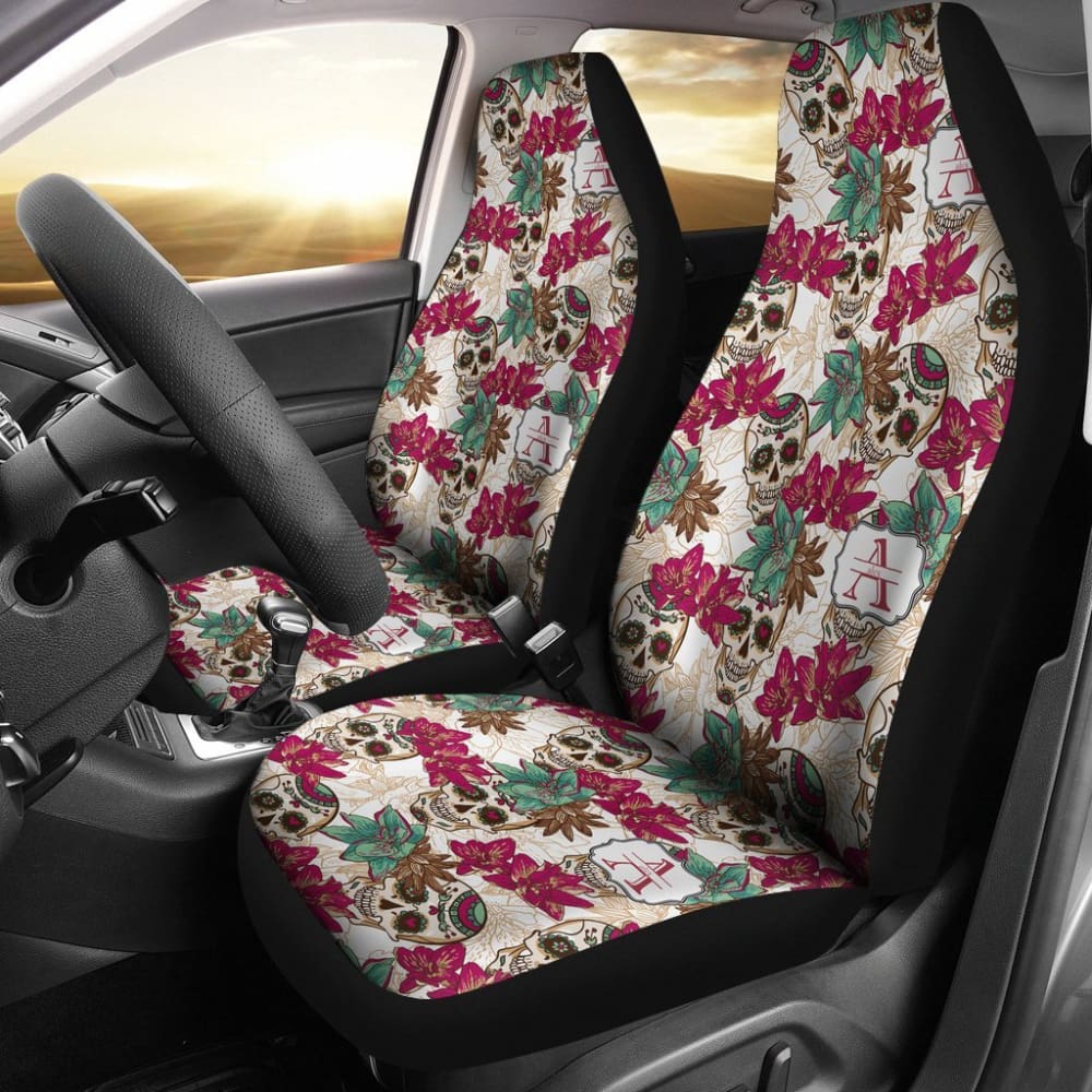 2 Pcs Sugar Skull Car Seat Covers - Universal Fit for Cars, Trucks & SUVs - Halloween & Dia de Los Muertos Decor - Protects Seats from Stains & Spills