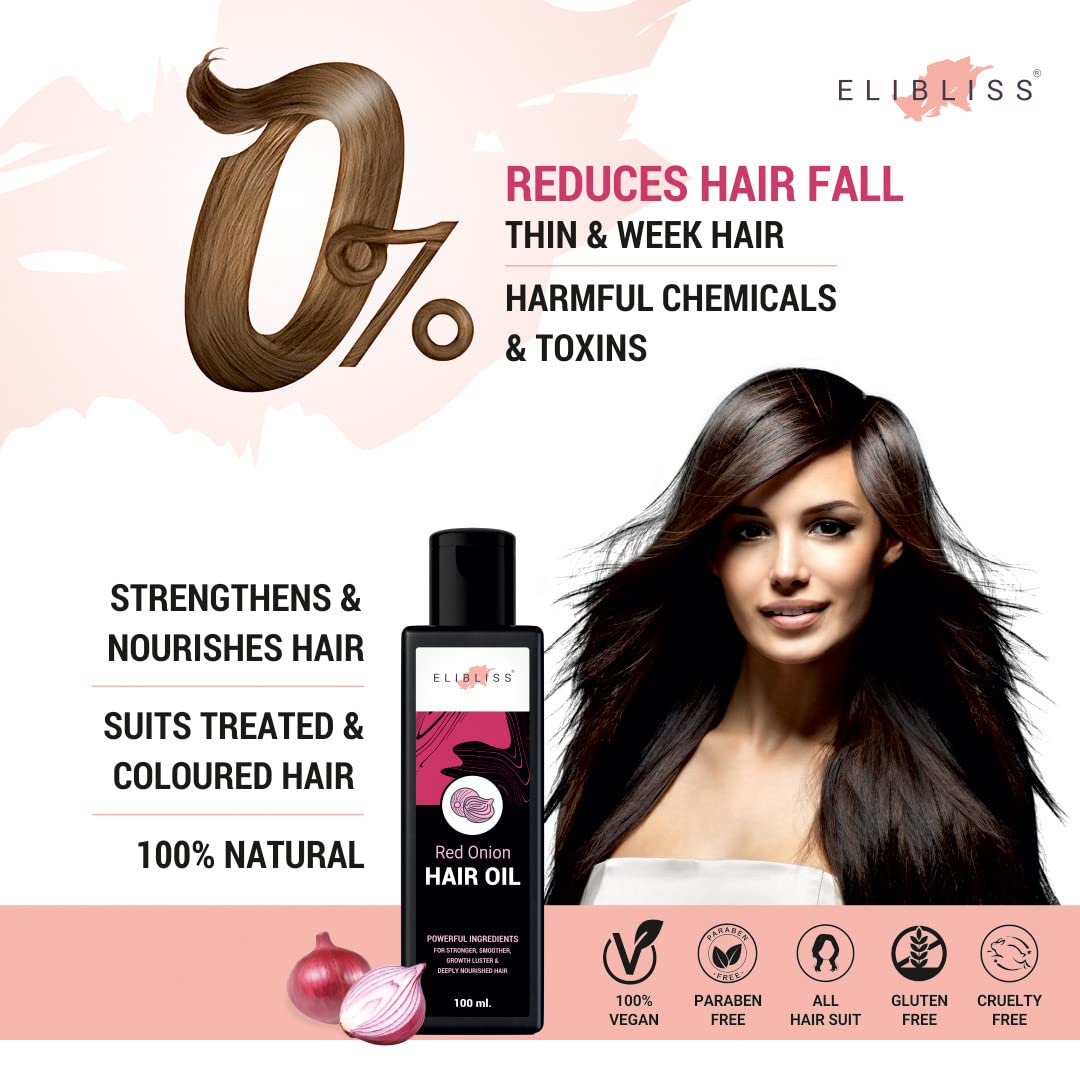 ELIBLISS Red Onion Hair Oil - Promotes Growth & Reduces Hair Fall (100ml) for Silky Hair at Home & Salon