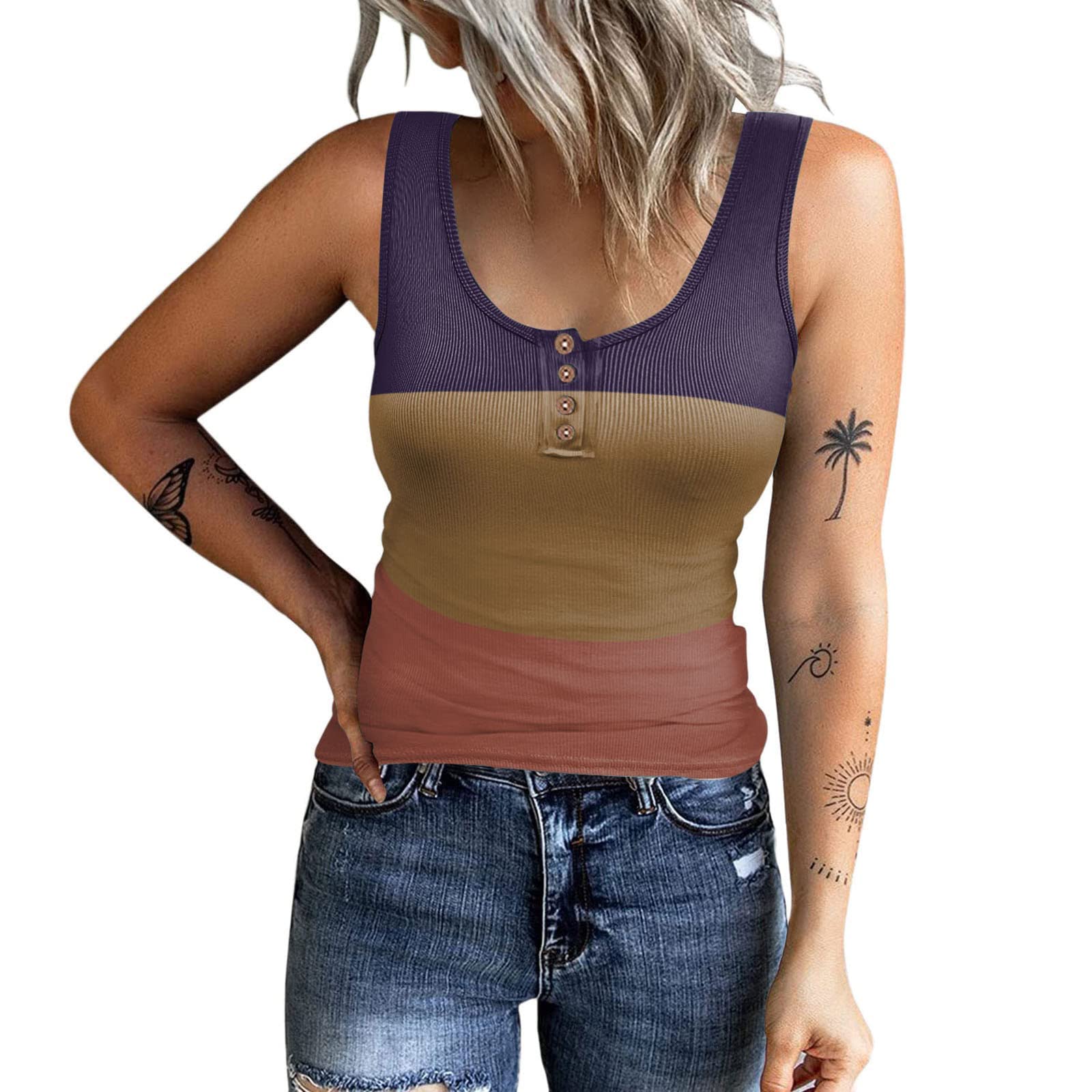 Women's Summer Tank Tops - Color Block Sleeveless Workout Shirts, Racerback Yoga Tops with Cute Prints | Perfect for Gym, Running, Yoga & Casual Wear