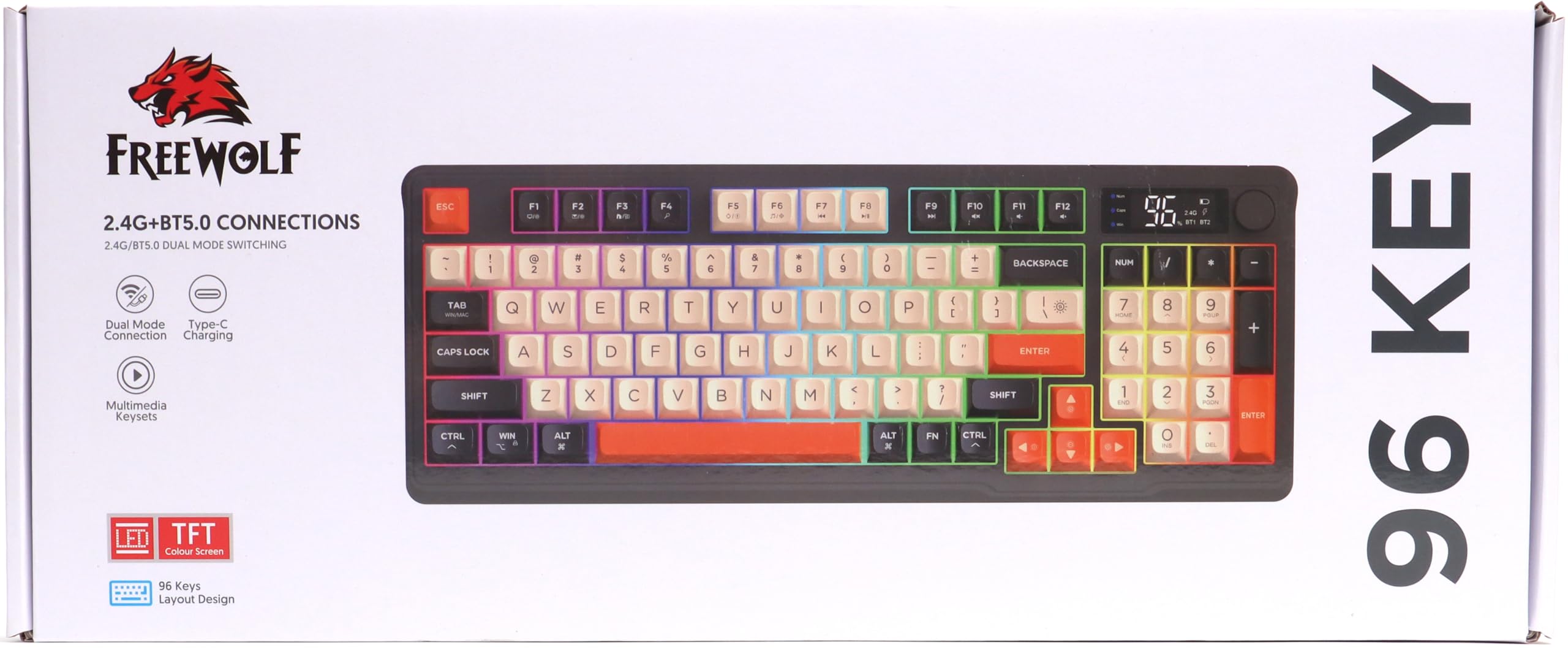 Freewolf M96 Wireless Gaming Keyboard - Bluetooth/2.4G, RGB Backlit, PBT Keycaps for Win/Mac - Perfect for Gaming & Office Work