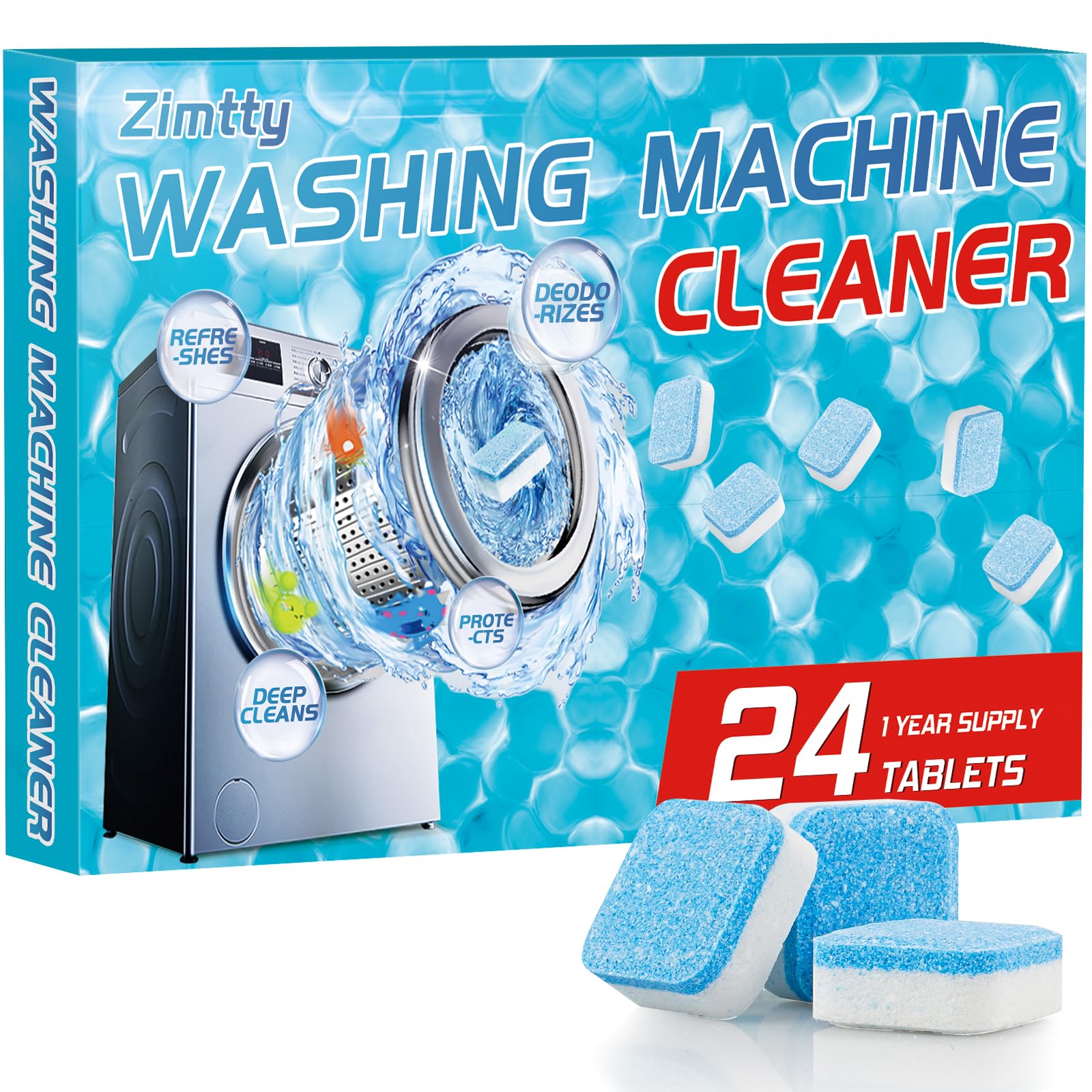 Zimtty Washing Machine Cleaner Tablets - 24 Pack | Deep Cleaning for HE Front Load & Top Load Washers | Removes Odor, Mold & Residue | Perfect for Laundry Maintenance & Appliance Care