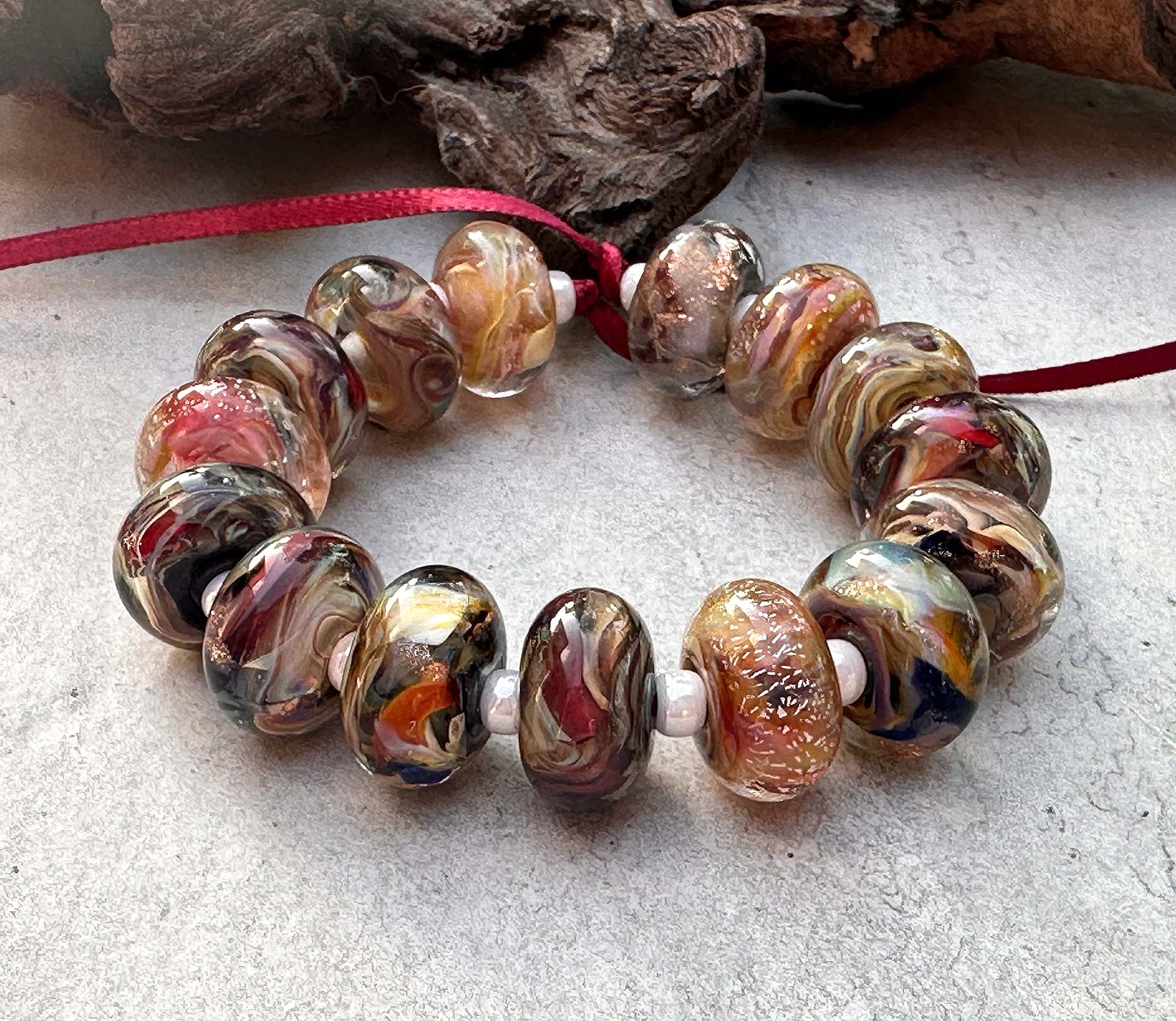 15-Piece Multicolor Brown Swirl Glass Lampwork Beads Set for Jewelry Making - DIY Bracelets, Necklaces, and Craft Projects (SRA)