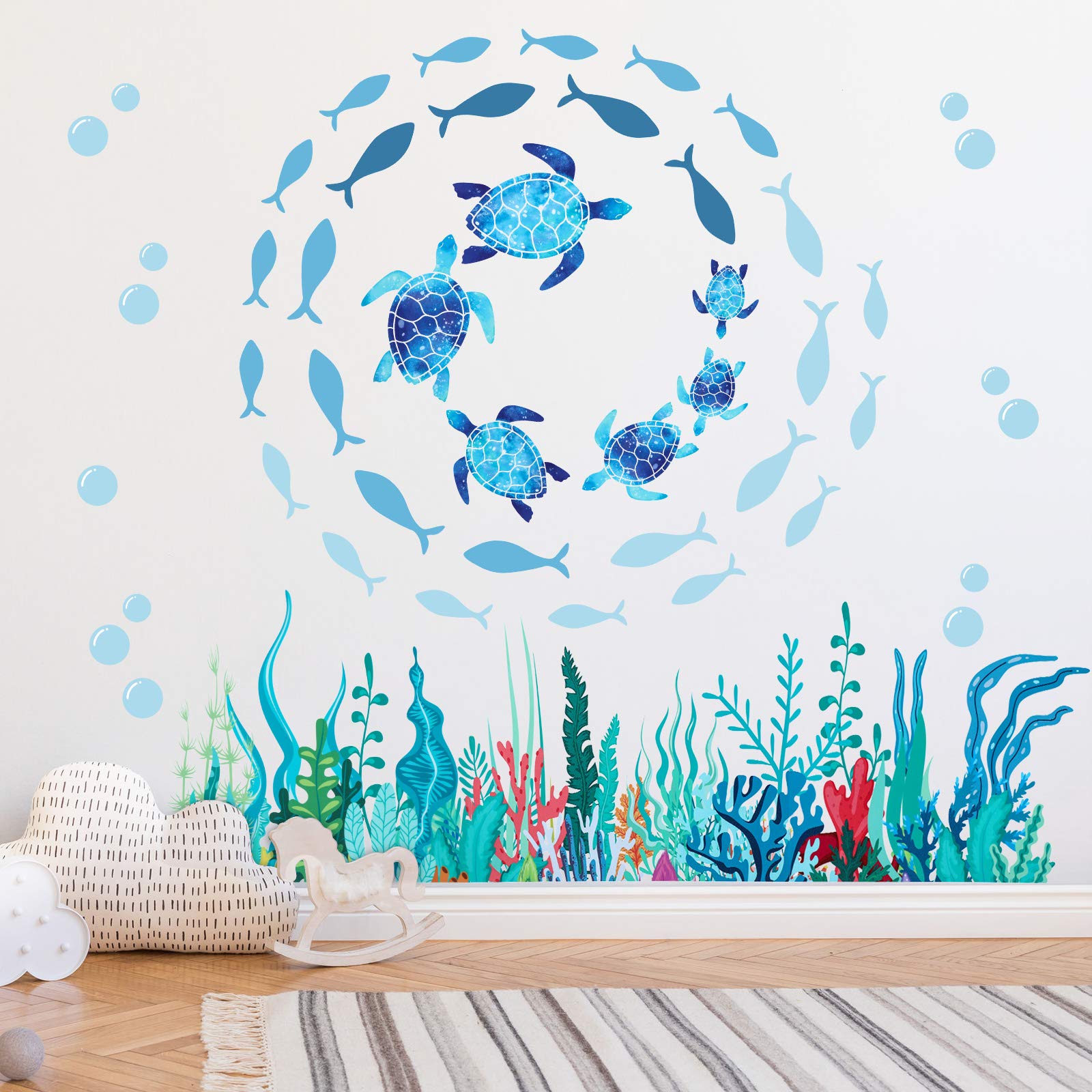 11 Sheets 3D Undersea Marine Life Wall Decals - Turtles, Sea Plants, Fish & Bubbles - Clear Vinyl Wall Stickers for Home Decor - Perfect for Bedroom, Bathroom, Living Room, Nursery & Classroom - Ocean Theme Kids Room Decor