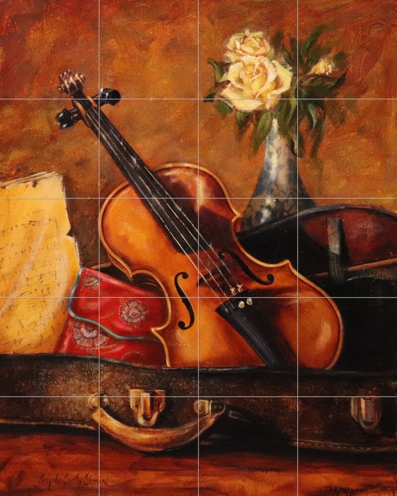 Angela Trotta Thomas Ceramic Backsplash Tile Mural - Roses and Violin Design for Kitchen & Bathroom Wall Decor - Perfect for Farmhouse, Vintage, and Classic Style Home Renovations