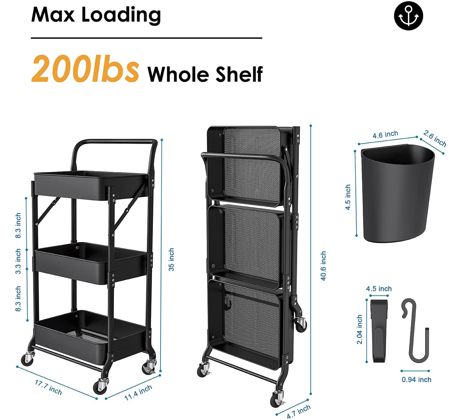 DTK 3-Tier Foldable Metal Rolling Cart with Wheels & Handle - 3 Hanging Cups & 6 Hooks Storage Organizer - Collapsible Utility Cart for Kitchen, Bathroom, Office (Black) | Perfect for Organizing Spices, Toiletries, or Office Supplies