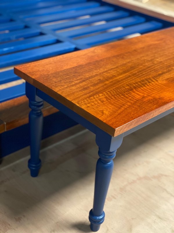 Hand Carved Blue Wooden Bench - Rustic Solid Wood Furniture for Patio, Garden, or Entryway Decor
