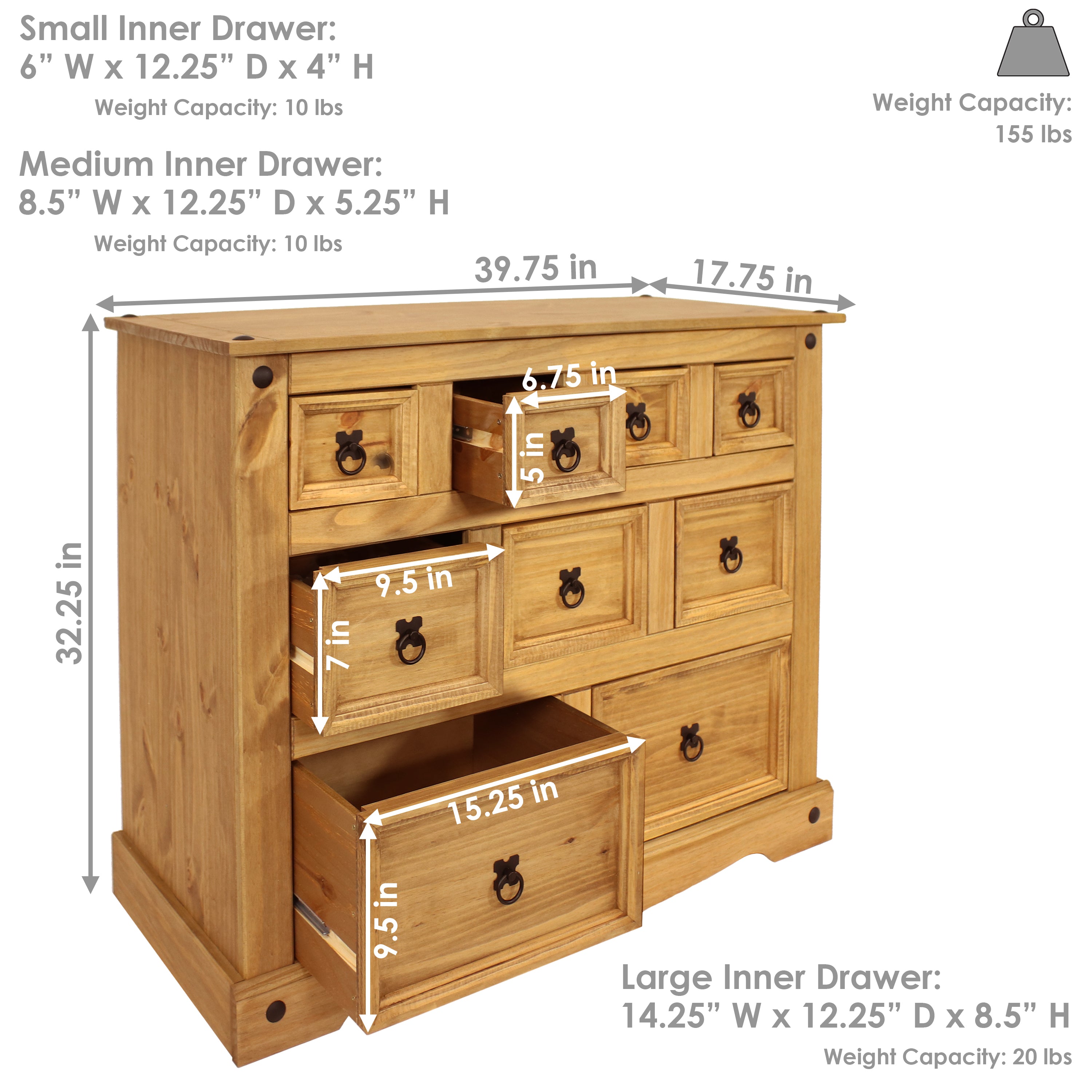 Sunnydaze 9-Drawer Rustic Wooden Dresser - Light Brown Finish, 39.75