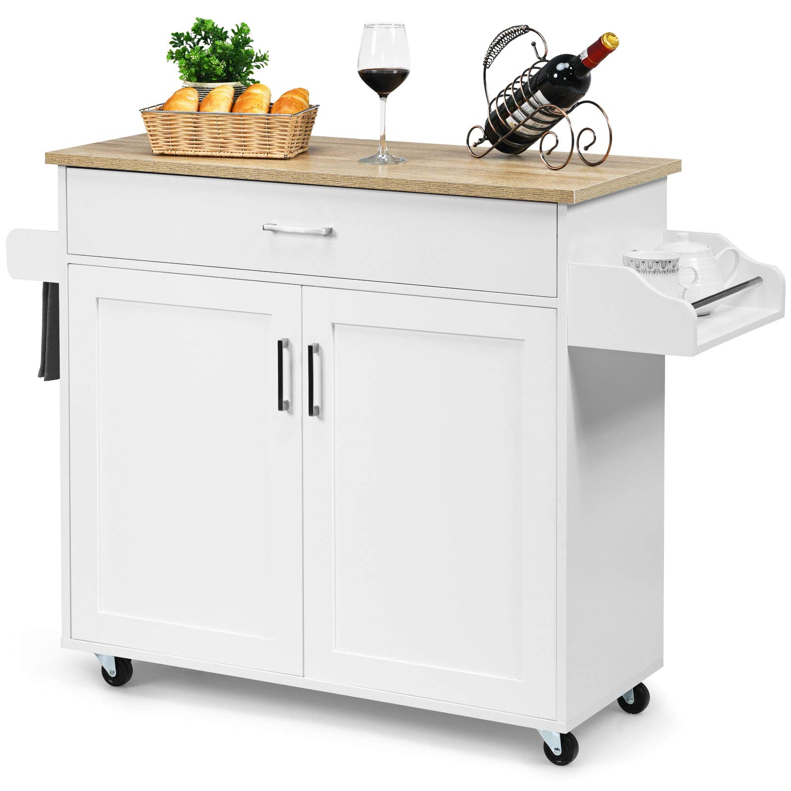 COSTWAY Wooden Kitchen Trolley with Microwave Shelf & Rubber Wheels, 45.7