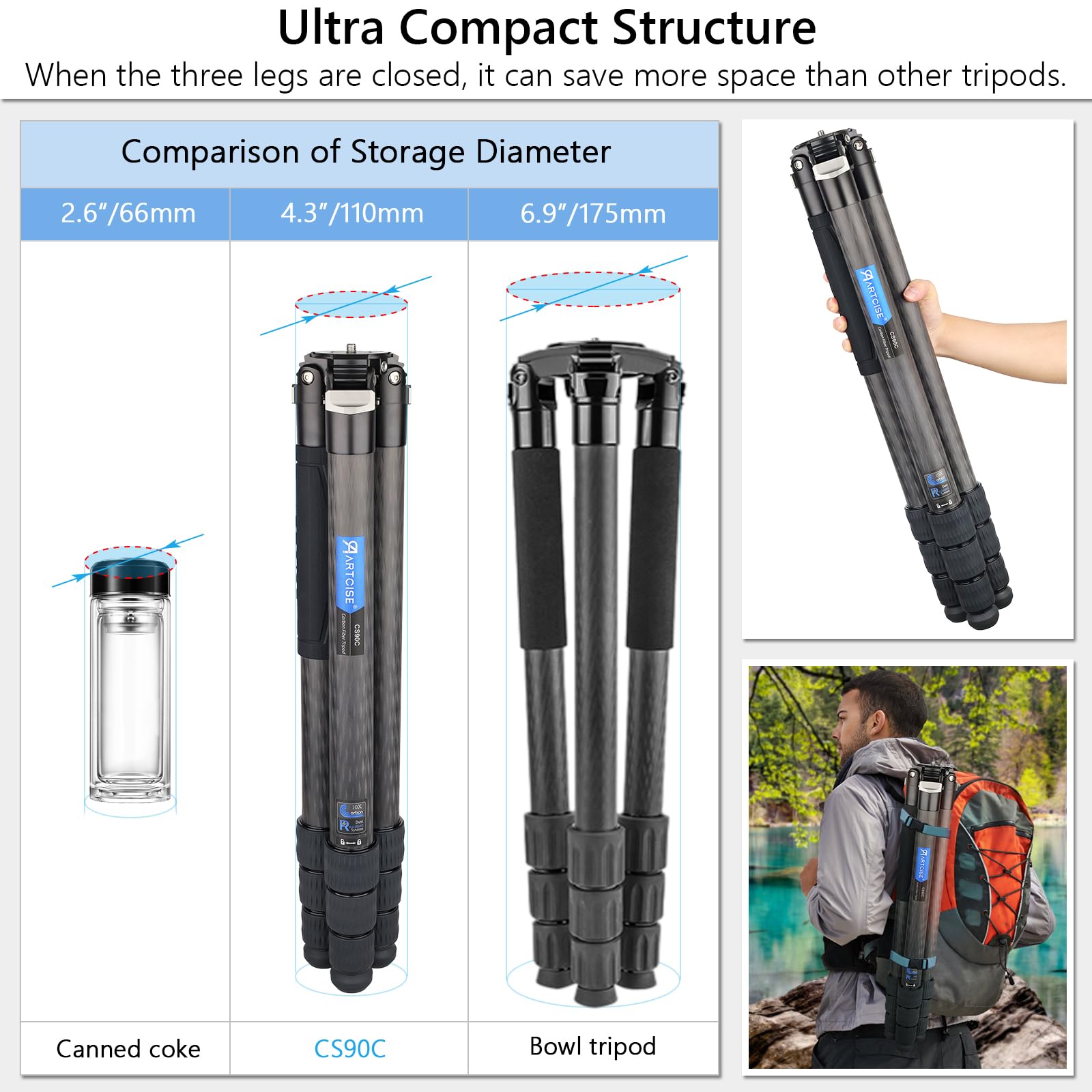 40mm Lightweight Compact Carbon Fiber Tripod with 52mm Low Profile Ball Head - Heavy Duty 10-Layer Carbon Travel Camera Stand, Detachable Monopod - Includes Stone Bag, Magic Arm & Phone Clip (Max Load 30kg) - Perfect for Travel Photography, Vlogging, and Outdoor Adventures