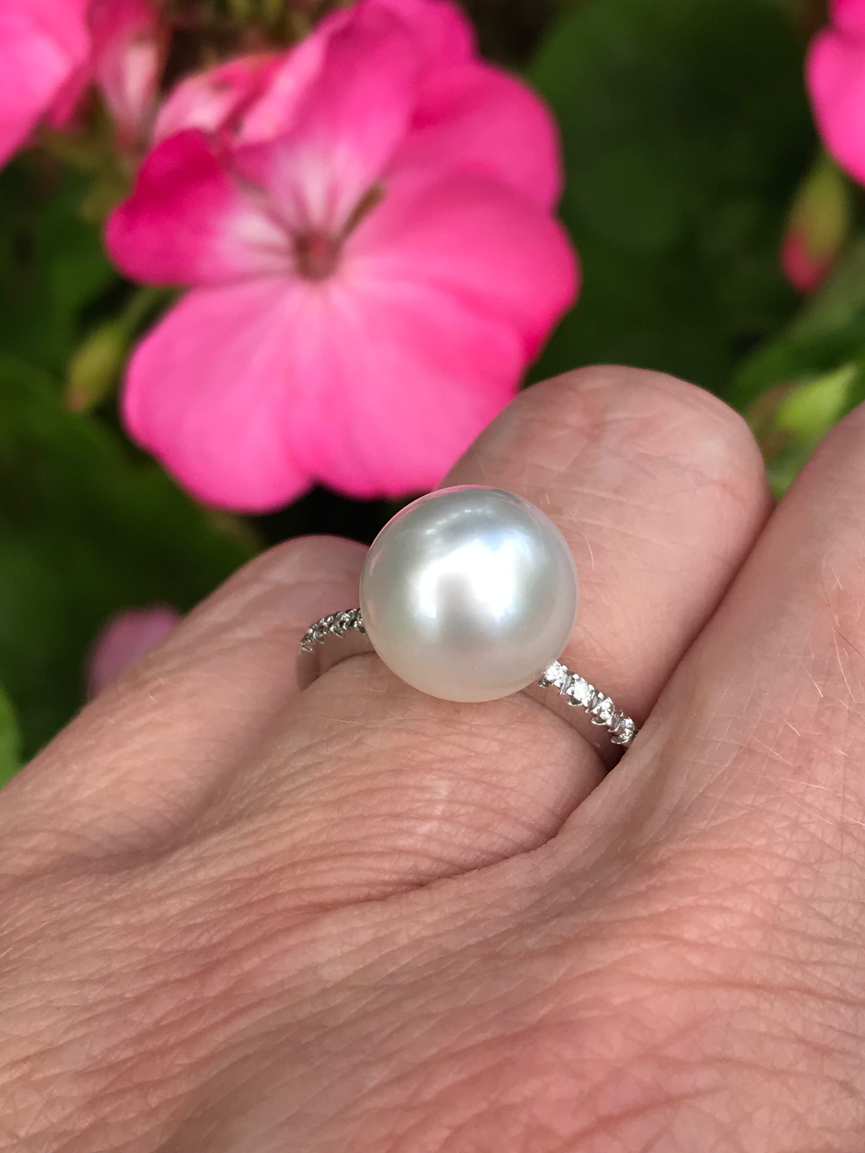 18K White Gold South Sea Pearl Ring with Diamond Shoulders - Size L | Elegant Bridal, Anniversary & Special Occasion Jewelry Gift