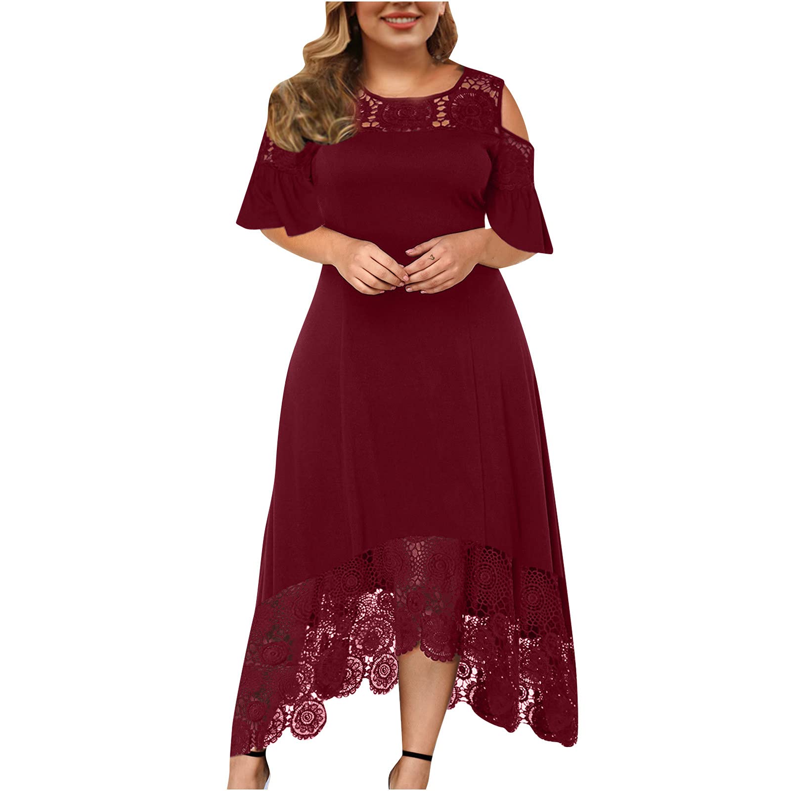 Elegant Plus Size Lace Strap Off Shoulder Maxi High Low Cocktail Dress for Women - Perfect for Wedding Guest, Evening Party & Special Occasions